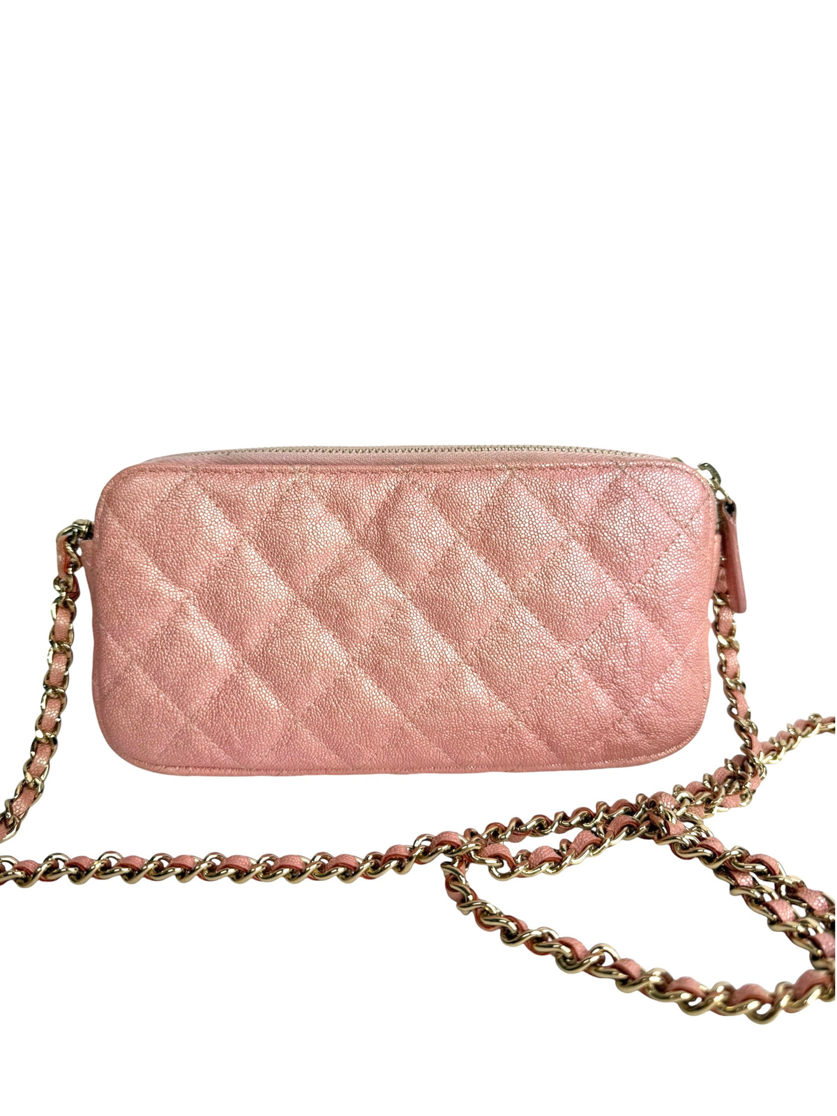 Chanel Small Iridescent Pink Double Zip Clutch With Chain T9156