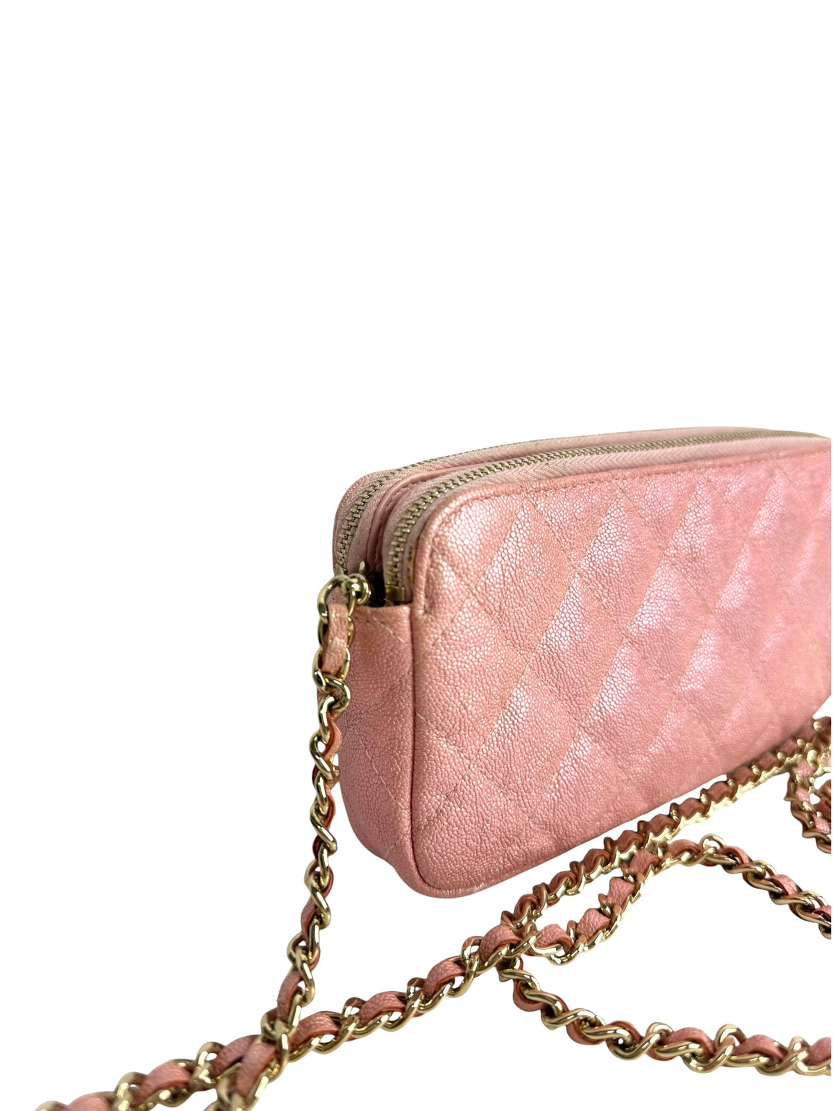 Chanel Small Iridescent Pink Double Zip Clutch With Chain T9156
