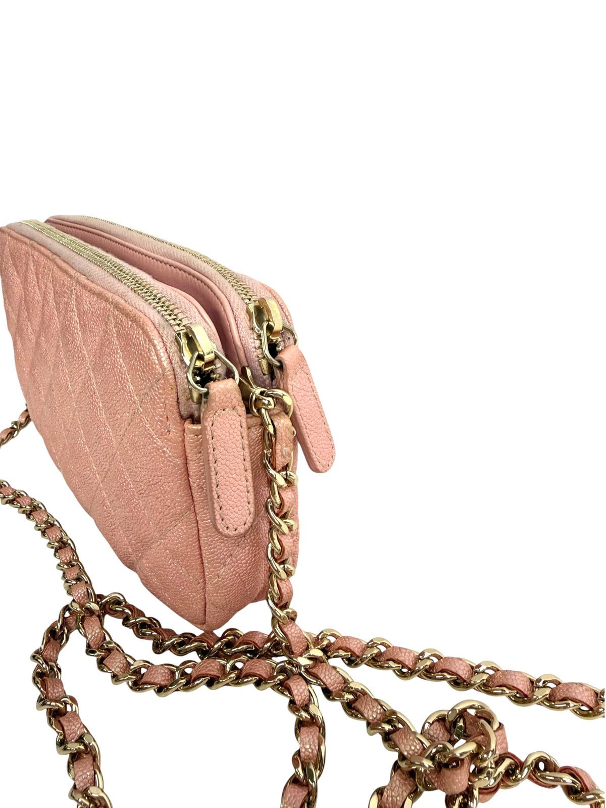 Chanel Small Iridescent Pink Double Zip Clutch With Chain T9156