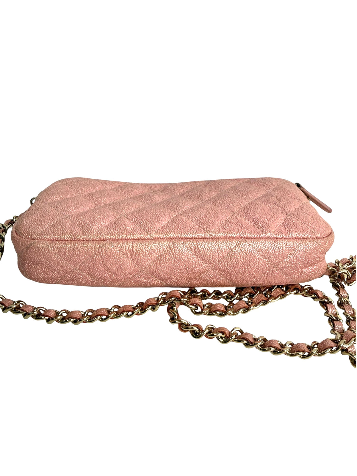Chanel Small Iridescent Pink Double Zip Clutch With Chain T9156