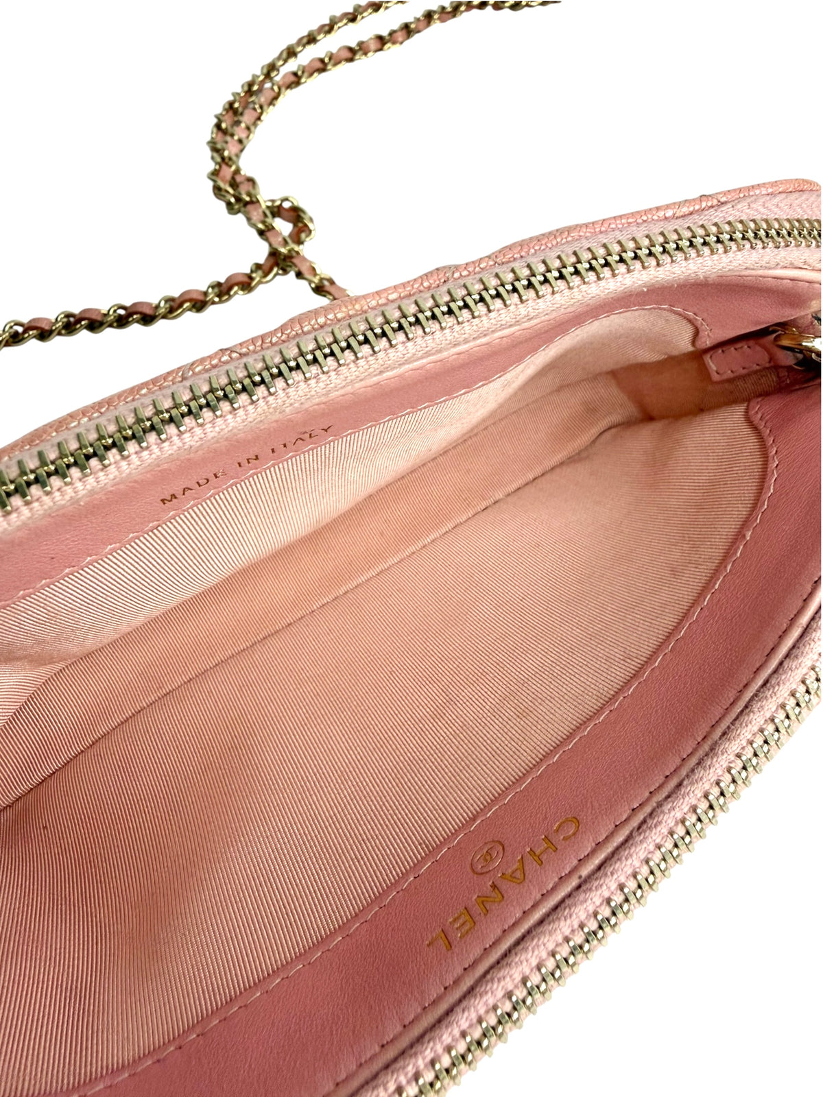 Chanel Small Iridescent Pink Double Zip Clutch With Chain T9156