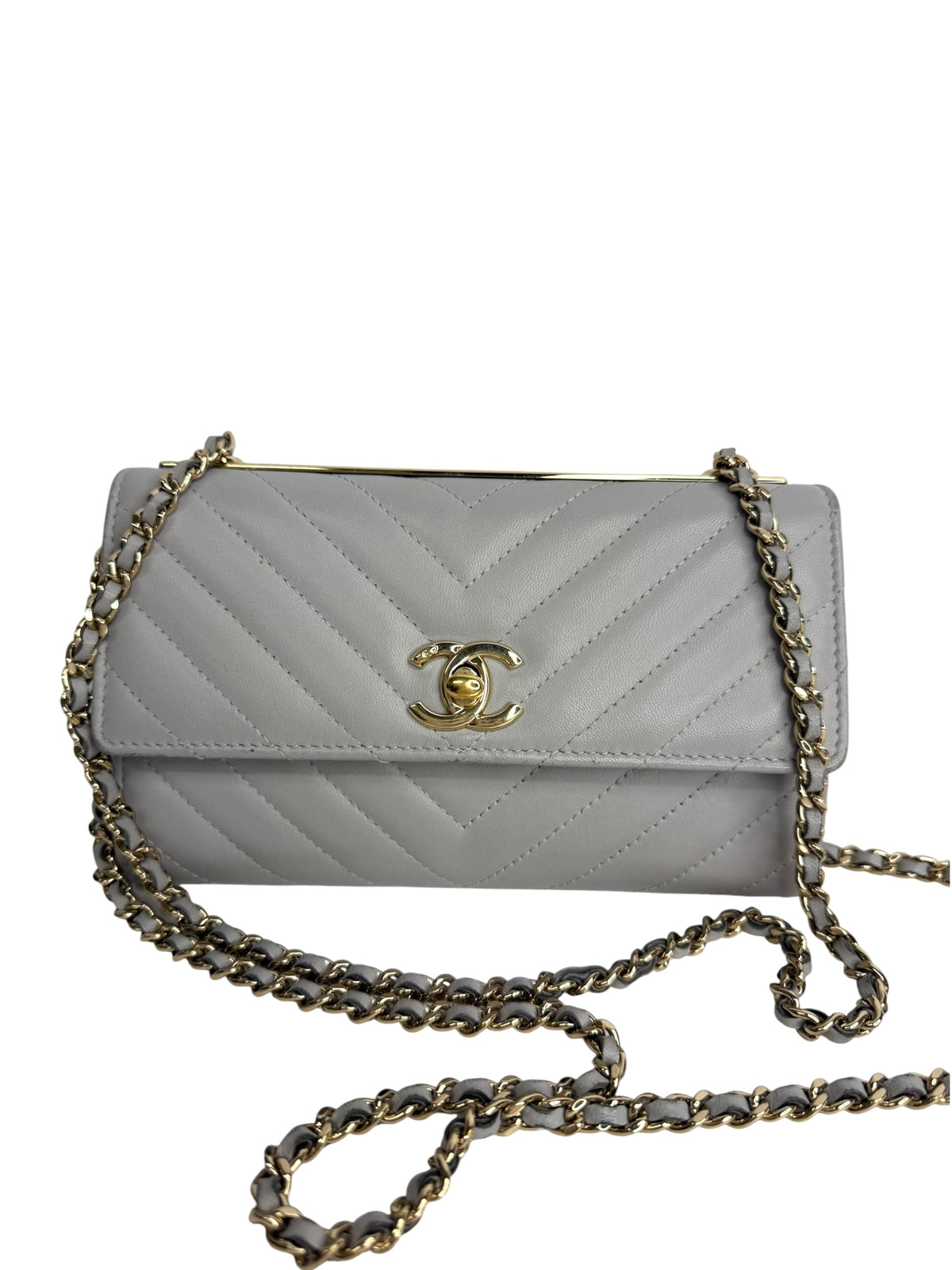 Chanel Gray Lambskin Chevron Trendy Wallet On Chain T9096
