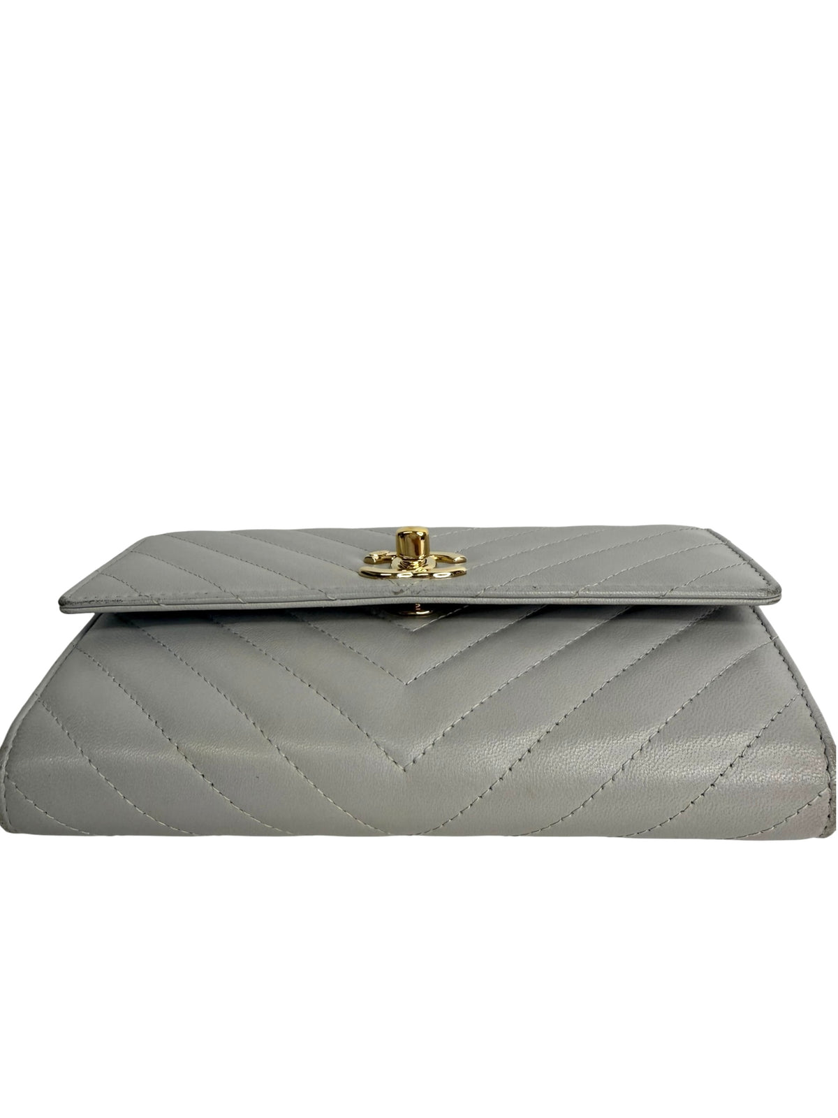 Chanel Gray Lambskin Chevron Trendy Wallet On Chain T9096