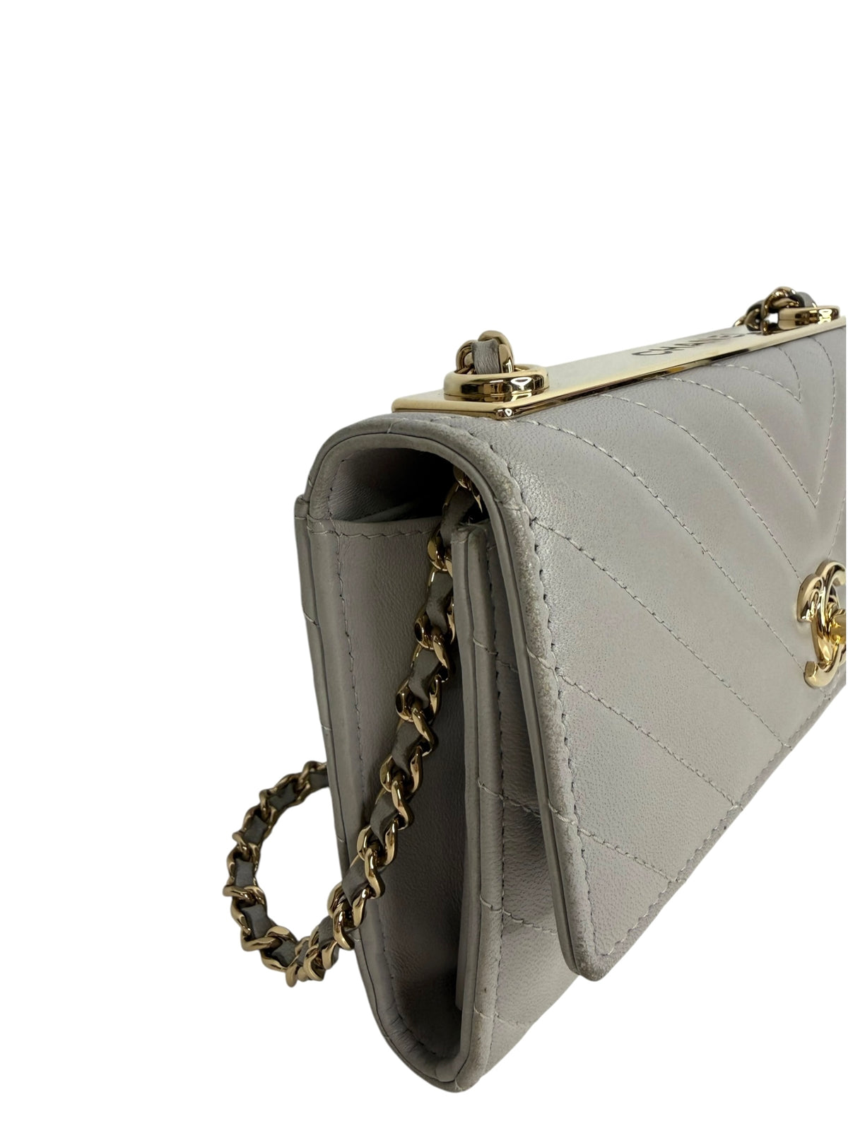 Chanel Gray Lambskin Chevron Trendy Wallet On Chain T9096