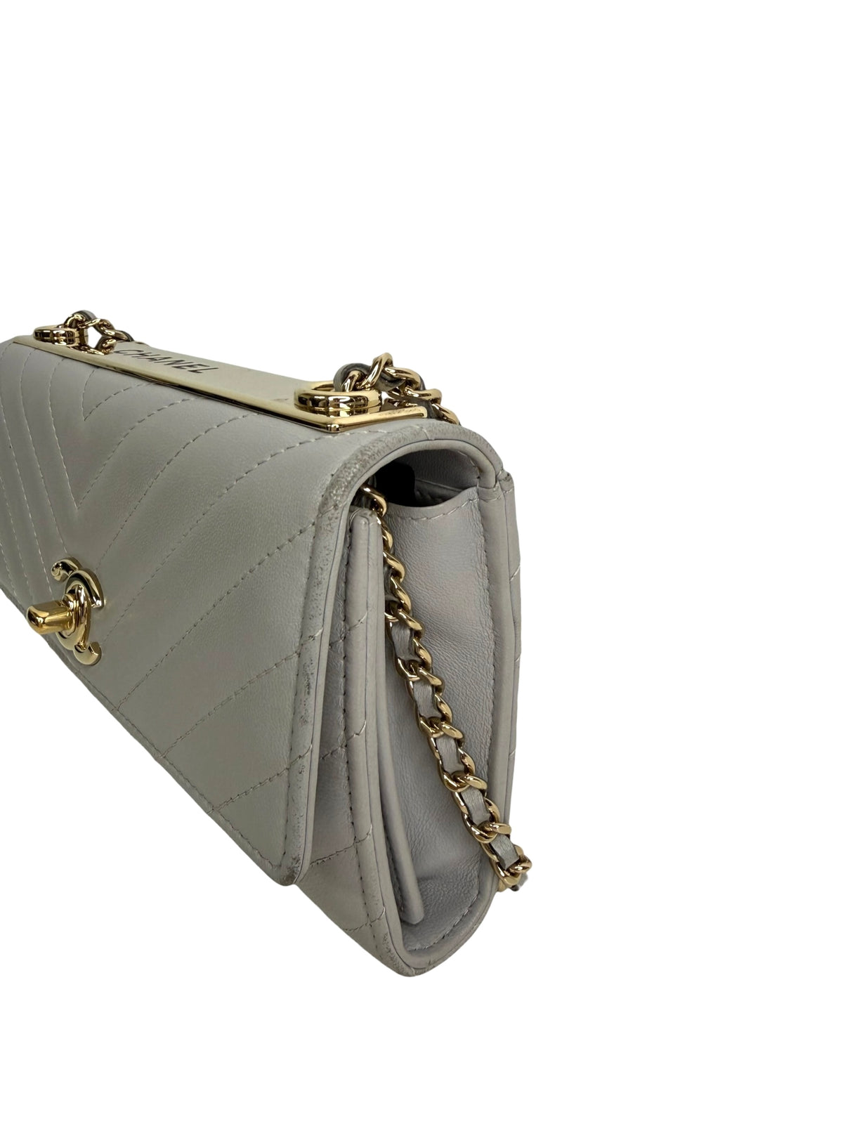 Chanel Gray Lambskin Chevron Trendy Wallet On Chain T9096