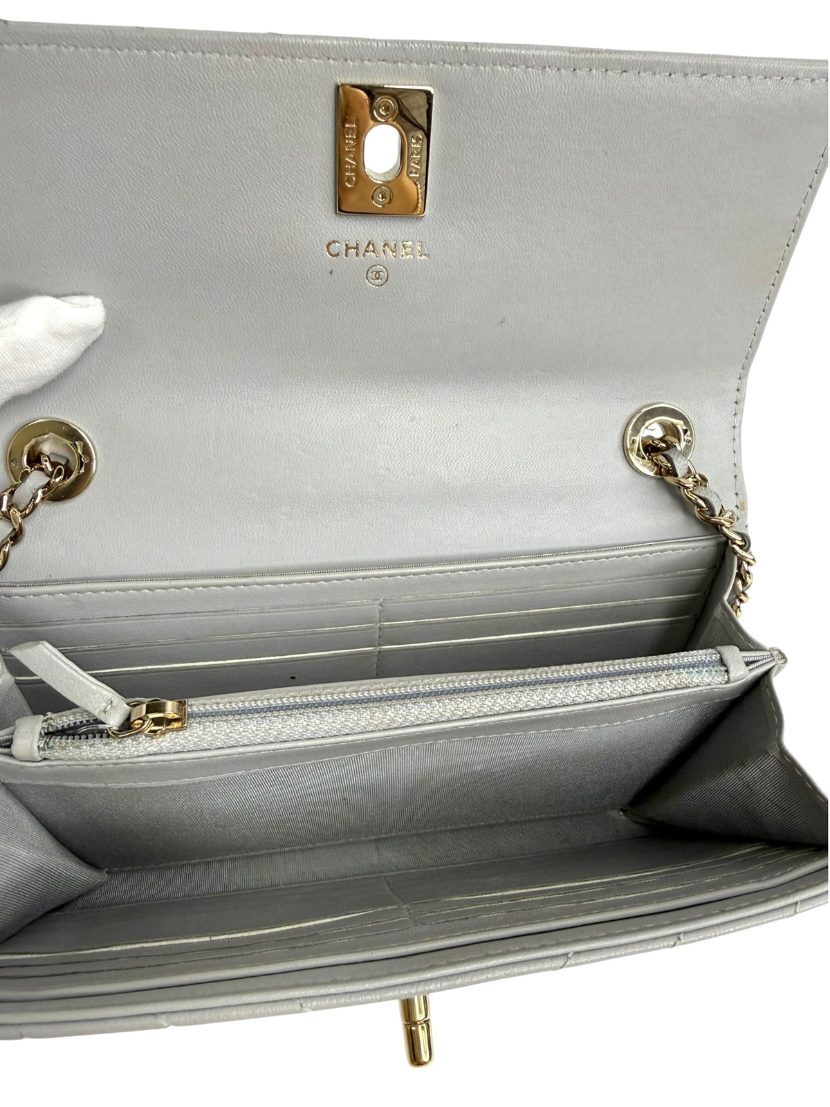 Chanel Gray Lambskin Chevron Trendy Wallet On Chain T9096