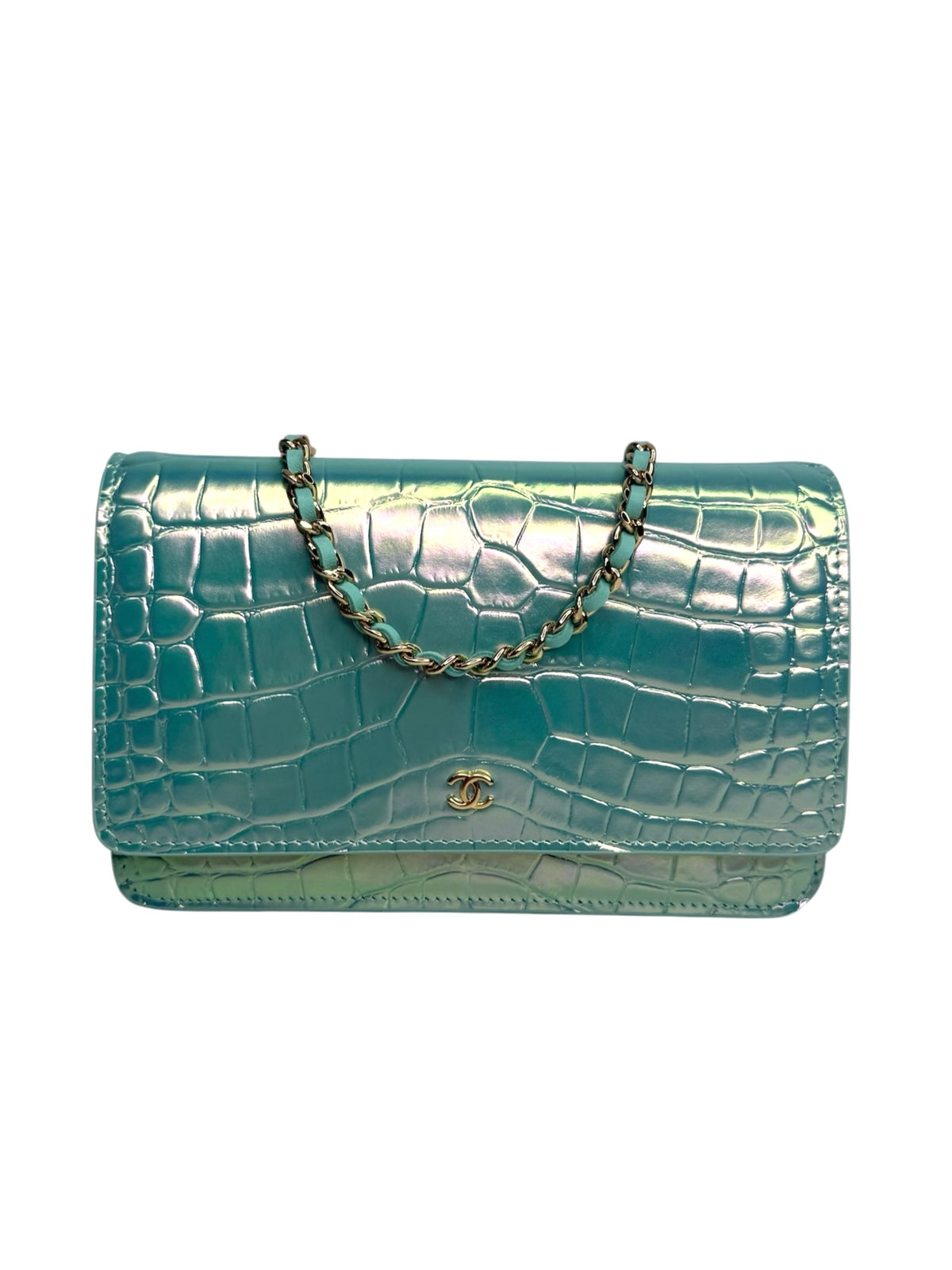 Chanel Crocodile Embossed Iridescent Turquoise Wallet on Chain T9443