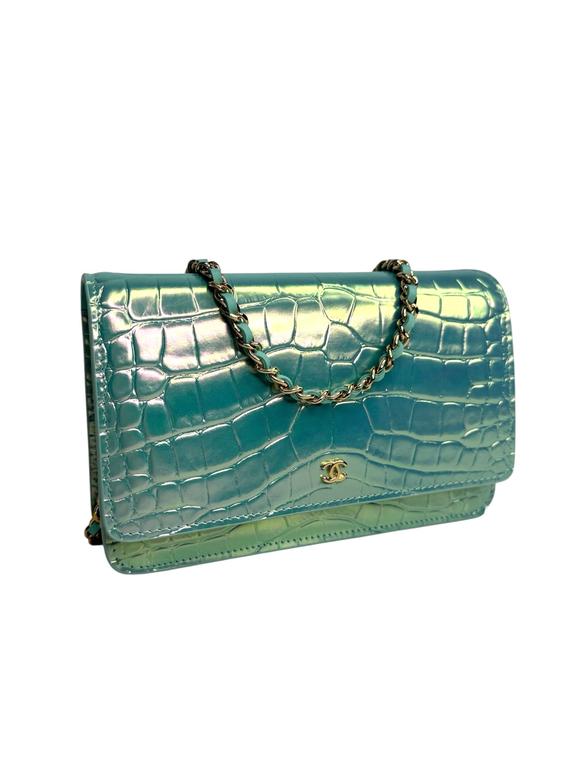Chanel Crocodile Embossed Iridescent Turquoise Wallet on Chain T9443
