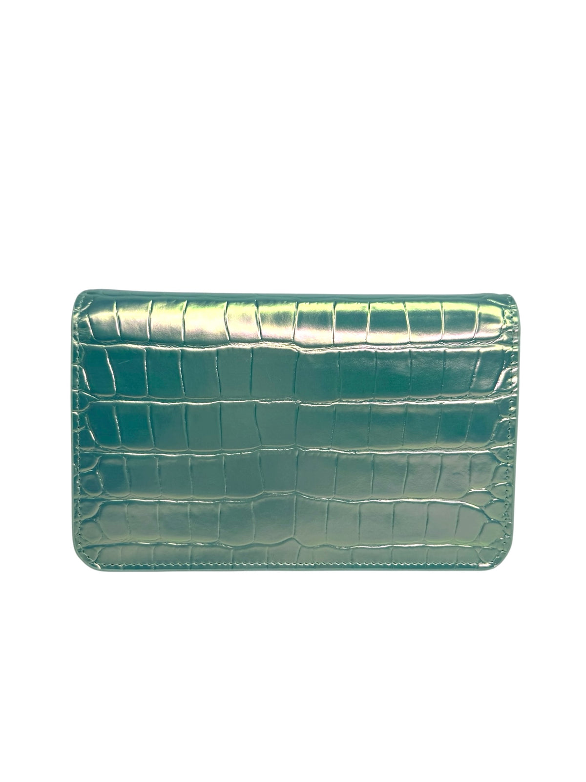 Chanel Crocodile Embossed Iridescent Turquoise Wallet on Chain T9443