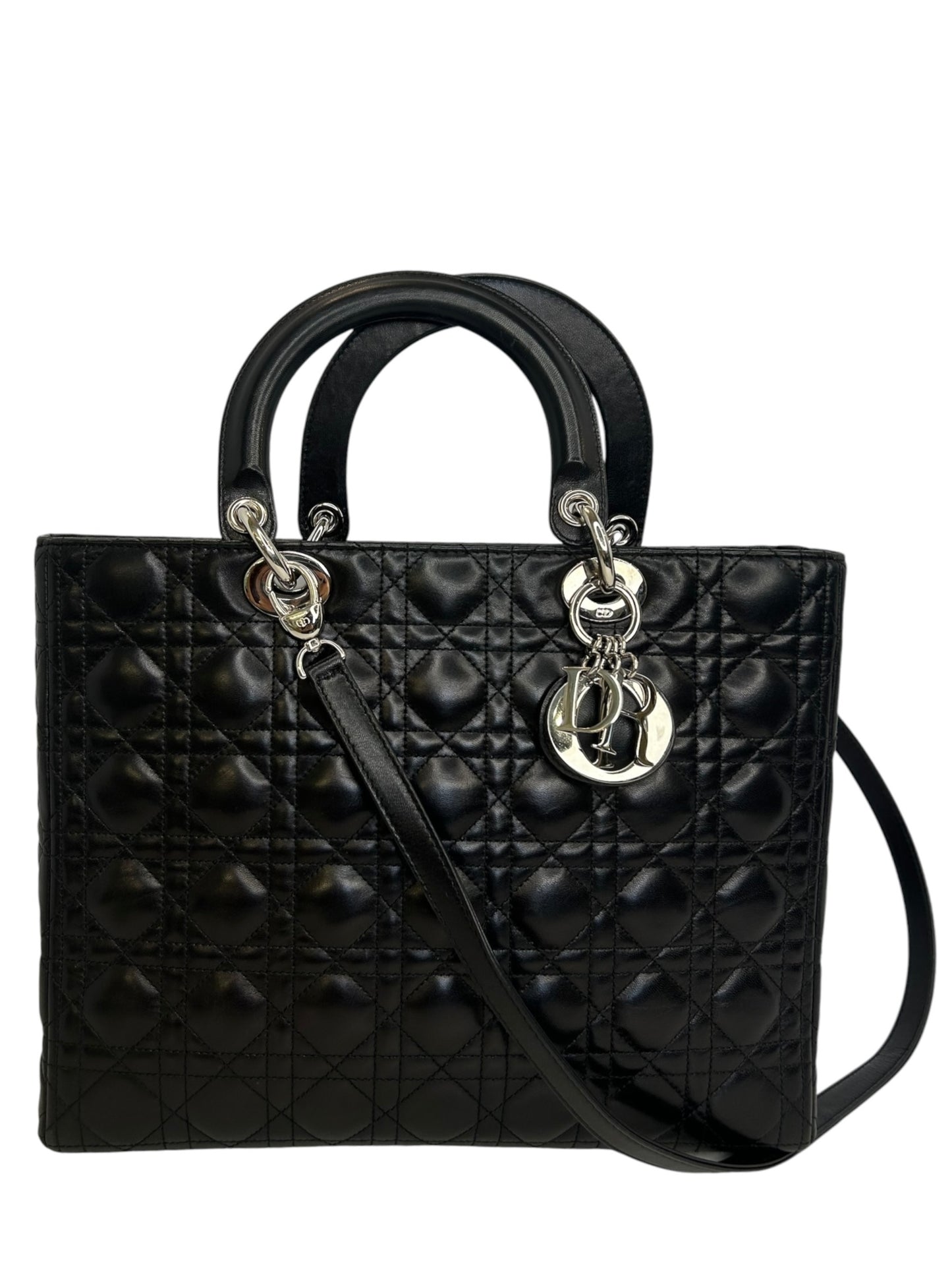 Christian Dior Black Lambskin Large Lady Dior SHW T8558