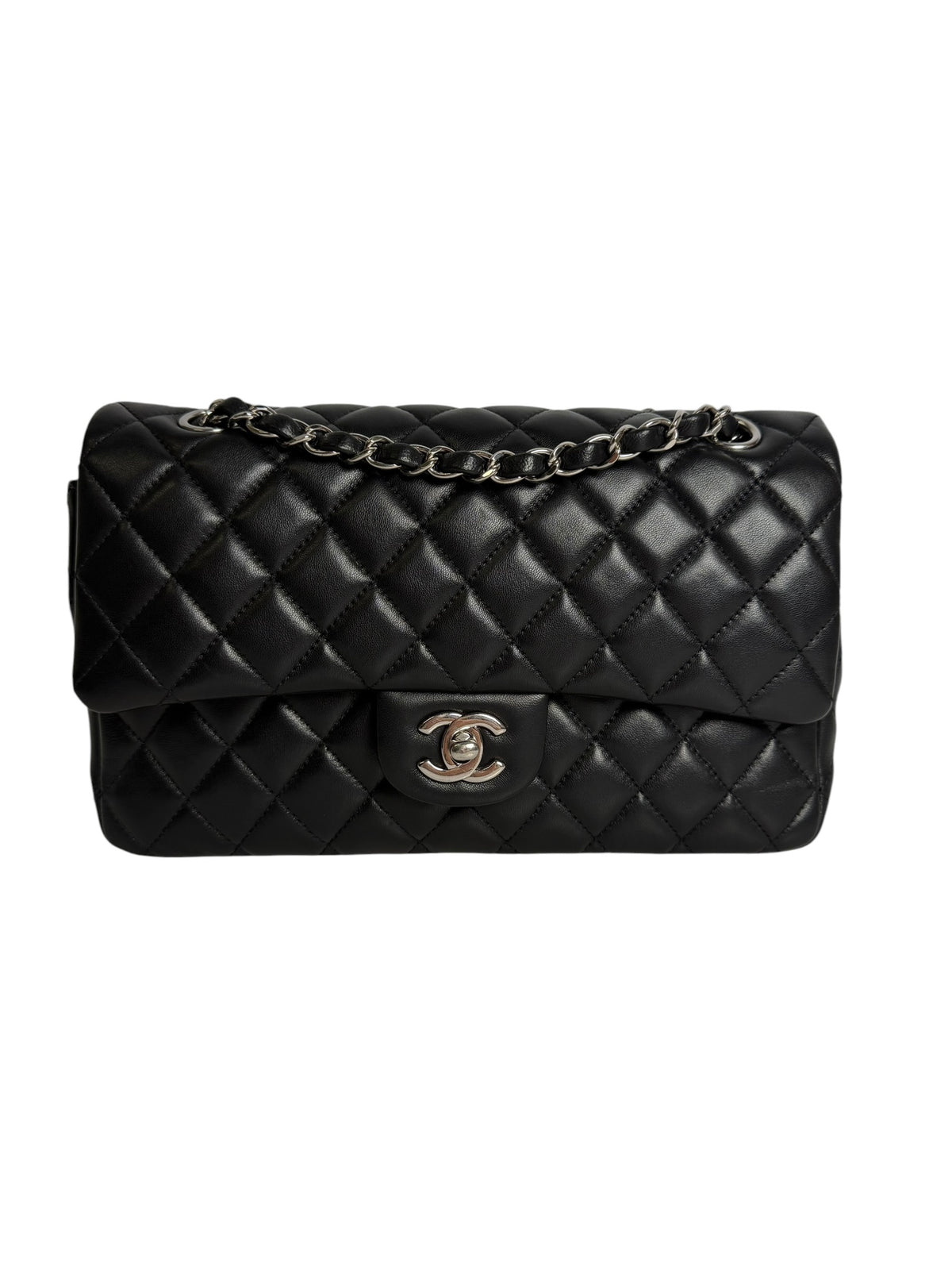 Chanel Black Lambskin Medium Double Flap SHW T8437