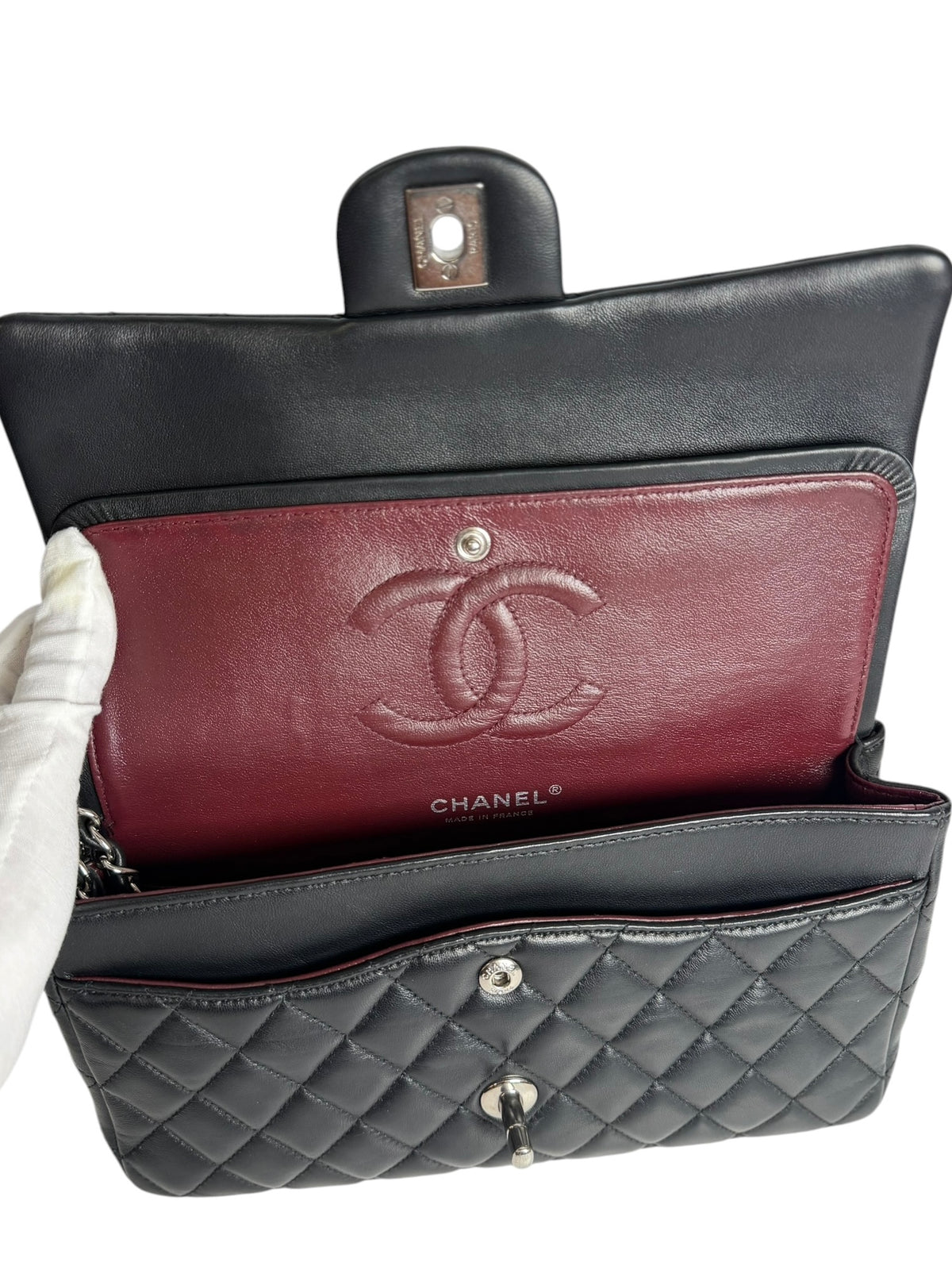 Chanel Black Lambskin Medium Double Flap SHW T8437