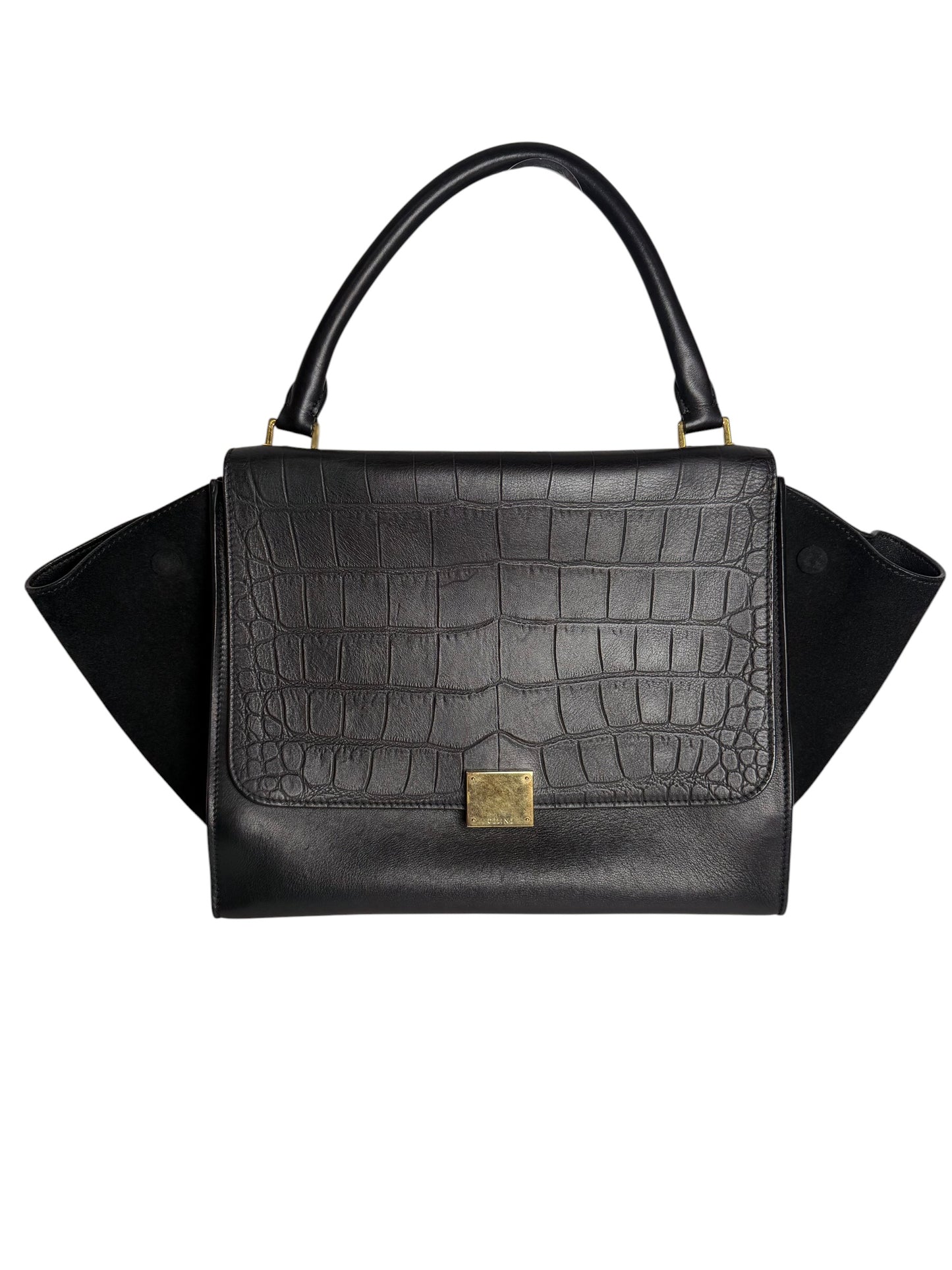 Celine Black Crocodile Embossed Trapeze T8144
