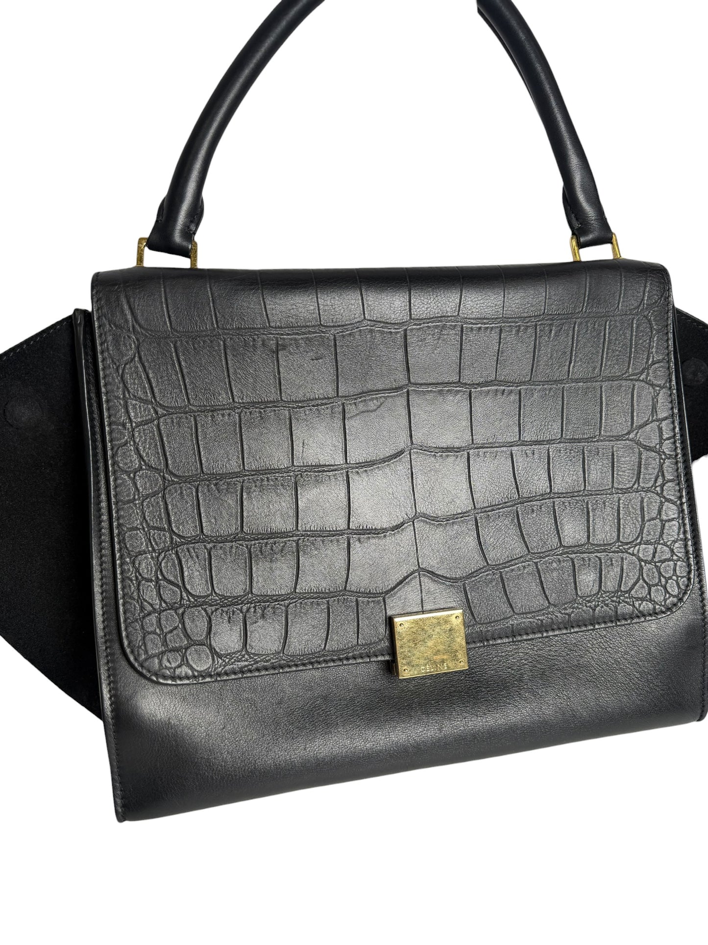 Celine Black Crocodile Embossed Trapeze T8144