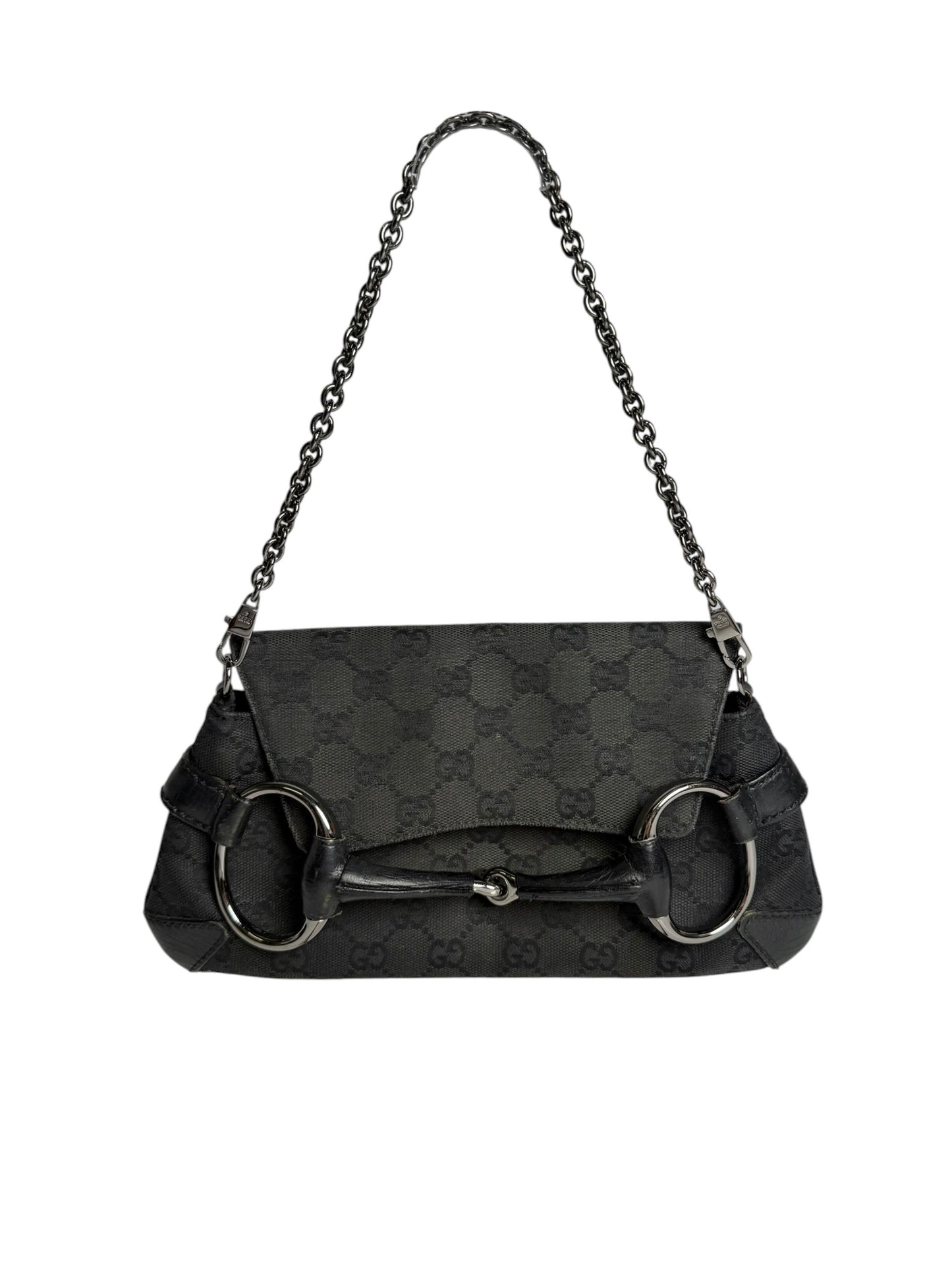 Gucci Black GG Canvas Horsebit Chain Shoulder Bag T1036