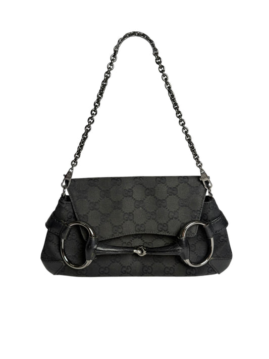 Gucci Black GG Canvas Horsebit Chain Shoulder Bag T1036
