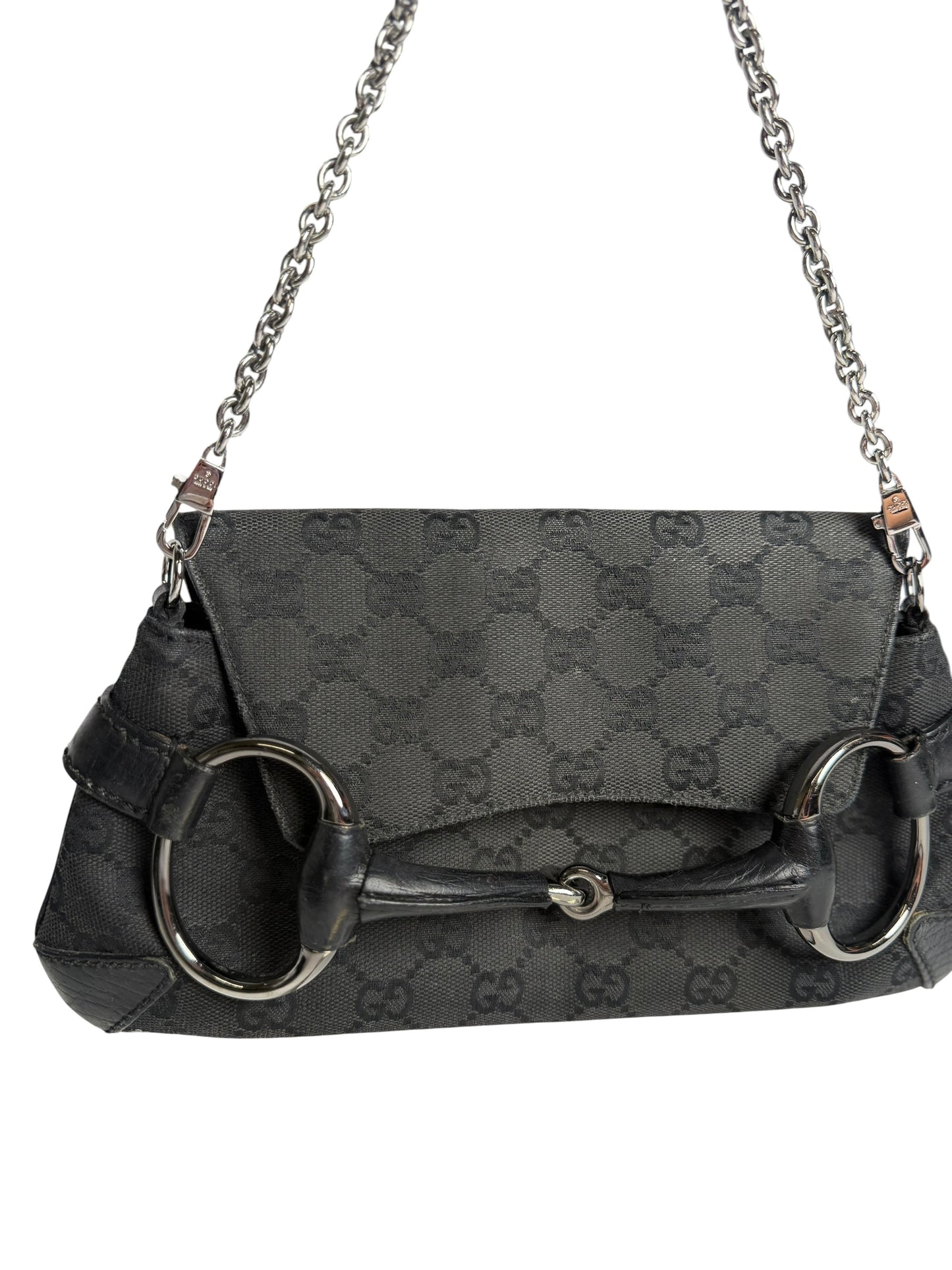 Gucci Black GG Canvas Horsebit Chain Shoulder Bag T1036