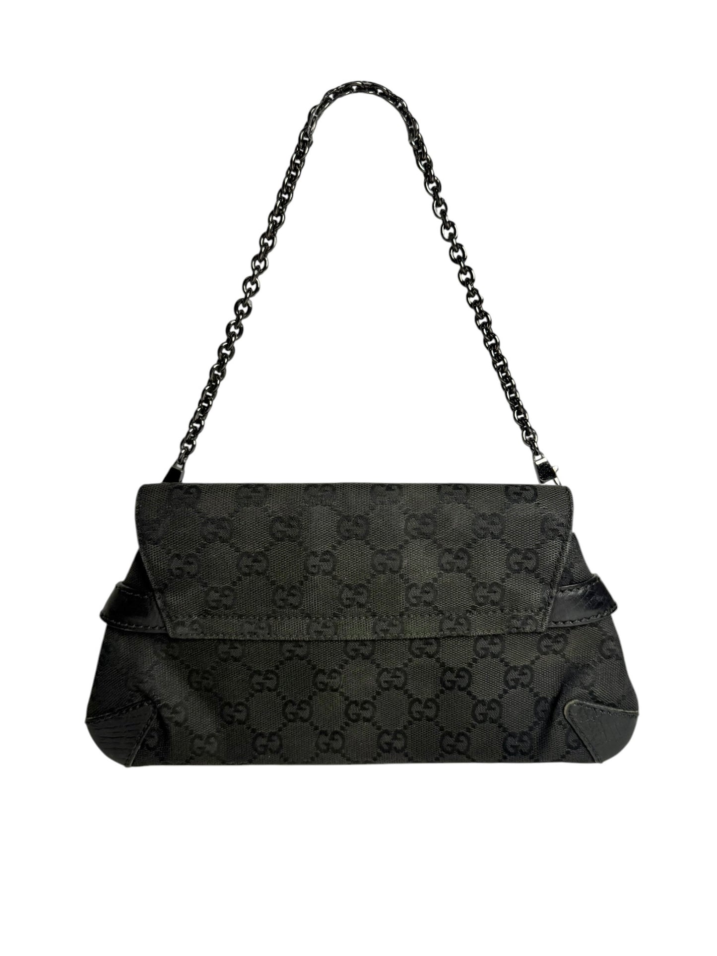 Gucci Black GG Canvas Horsebit Chain Shoulder Bag T1036