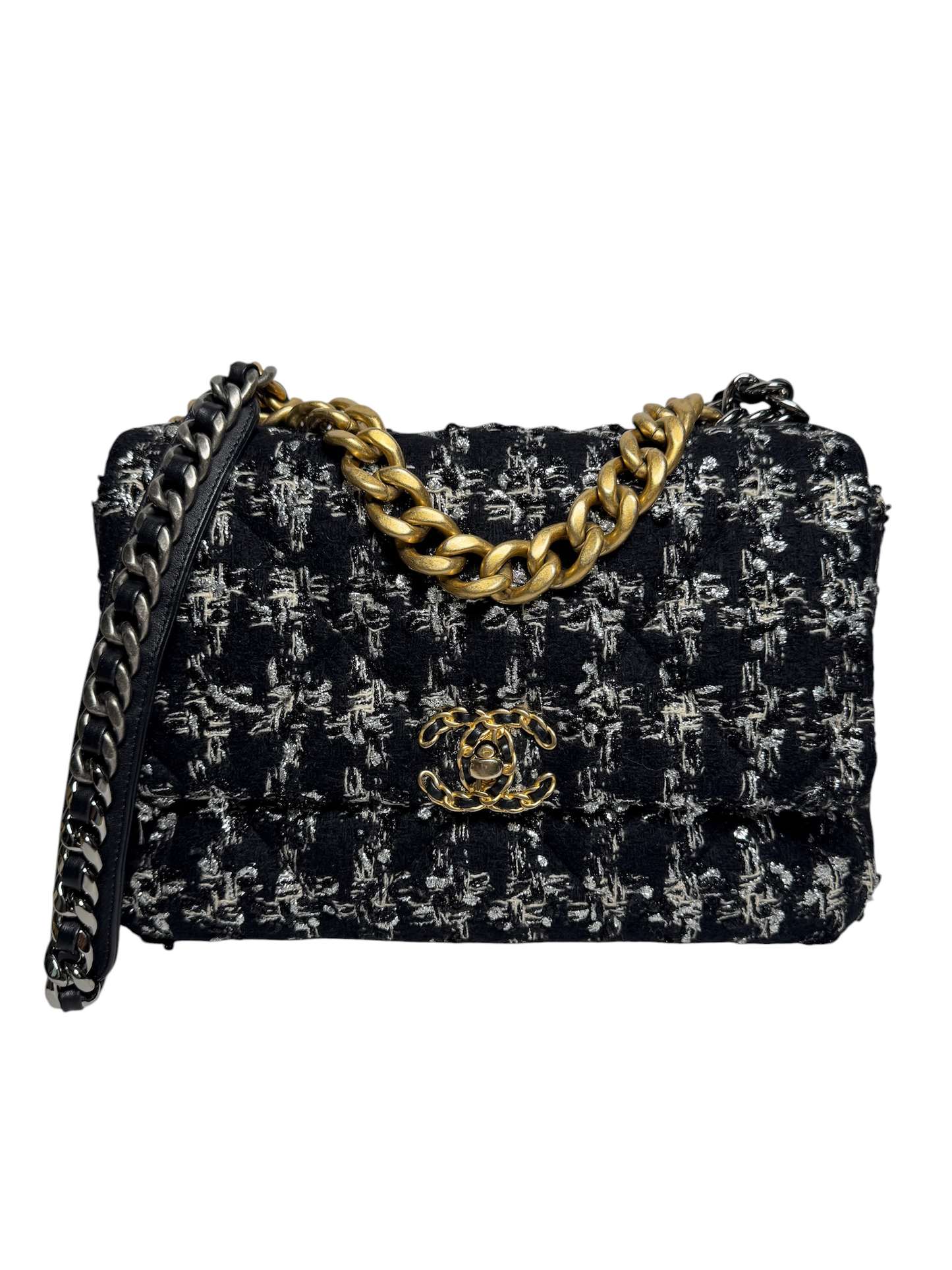 Chanel 19 Tweed Black/White Houndstooth GHW Large
