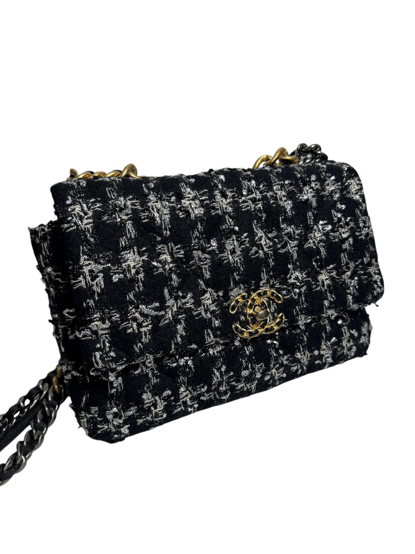 Chanel 19 Tweed Black/White Houndstooth GHW Large
