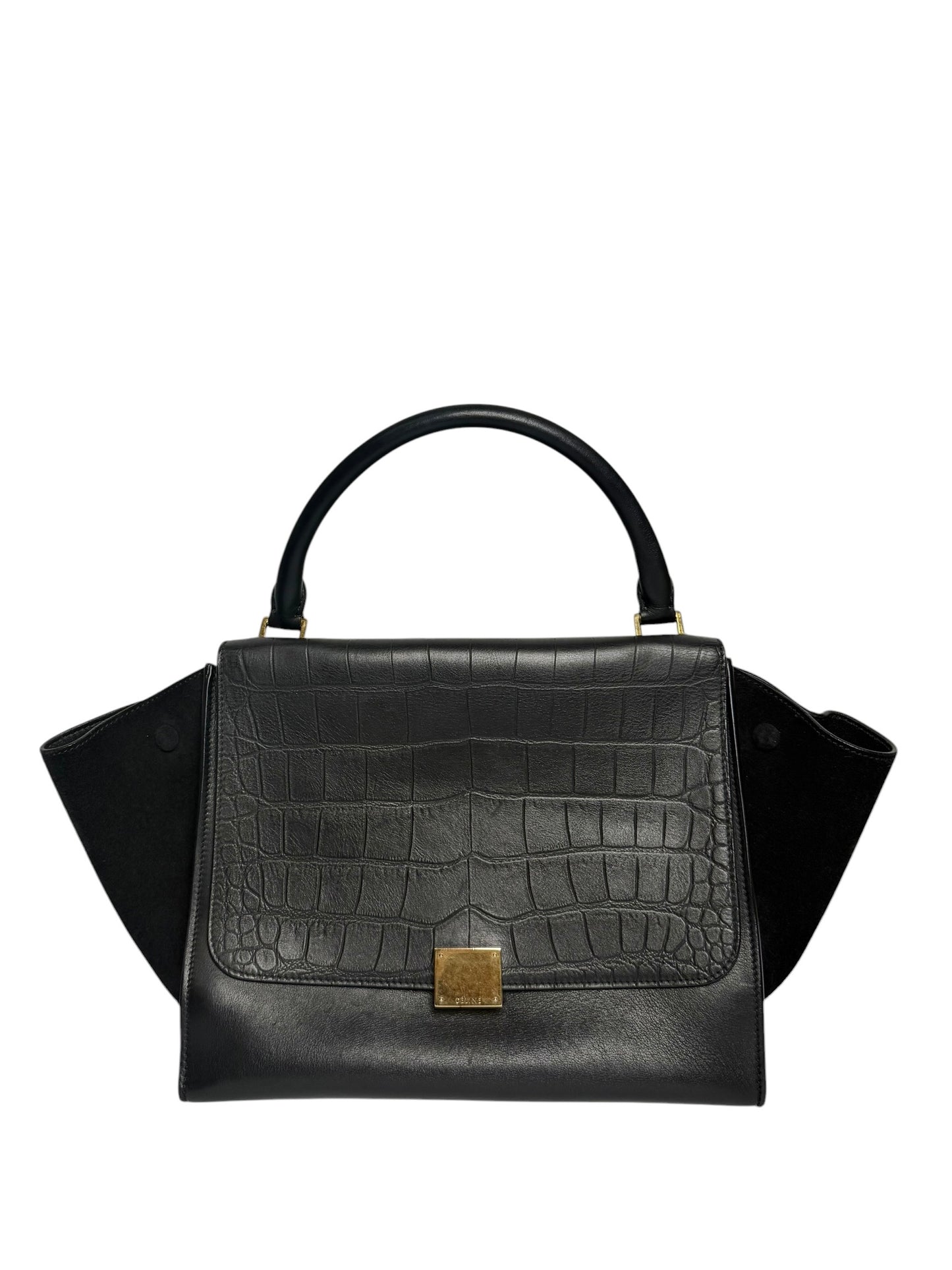 Celine Black Croc Embossed Medium Trapeze With Suede