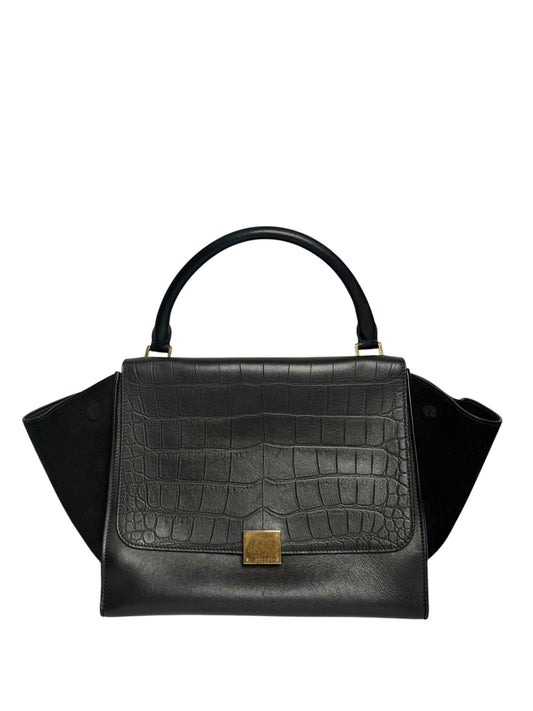 Celine Black Croc Embossed Medium Trapeze With Suede T8144