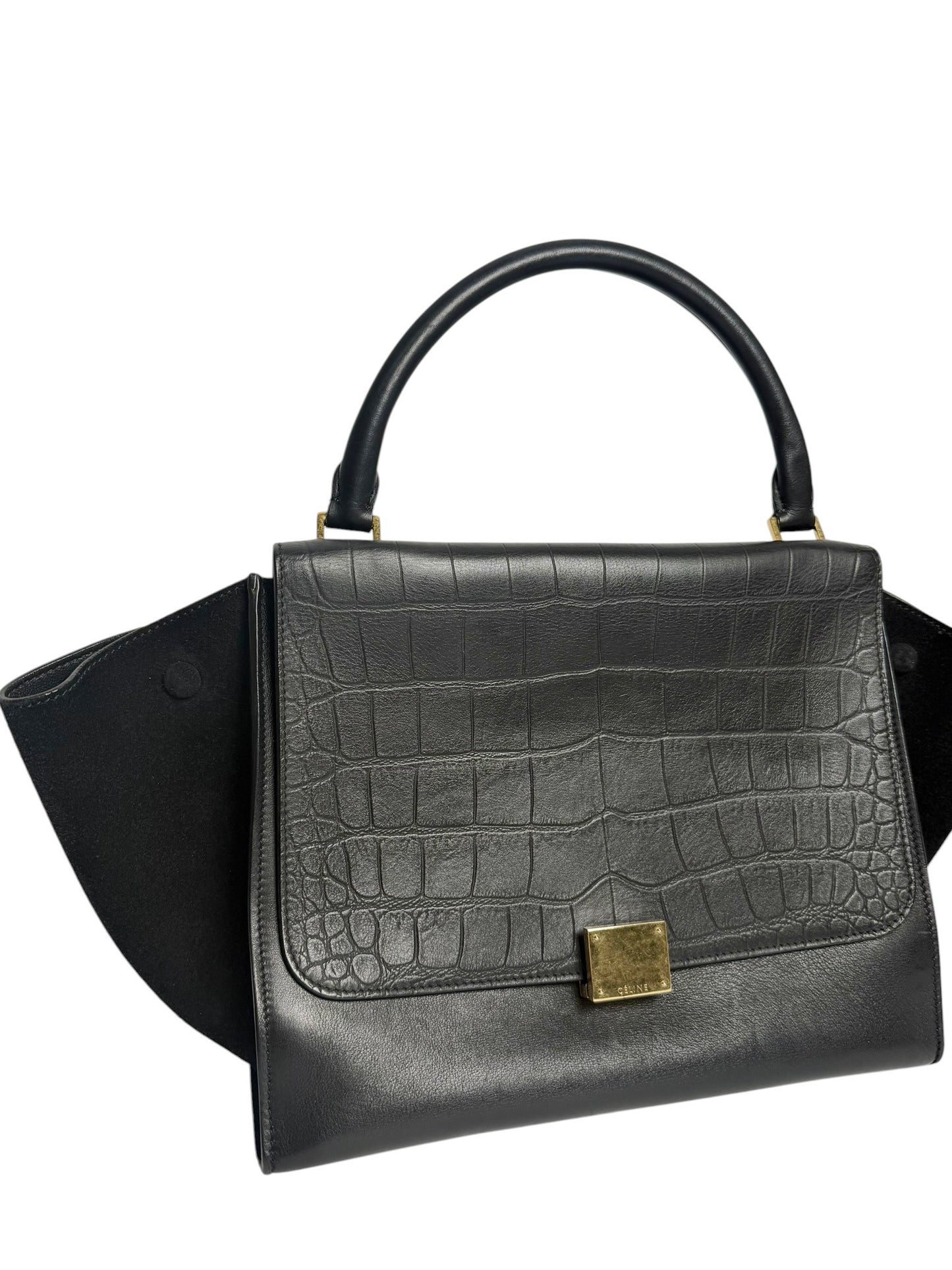 Celine Black Croc Embossed Medium Trapeze With Suede