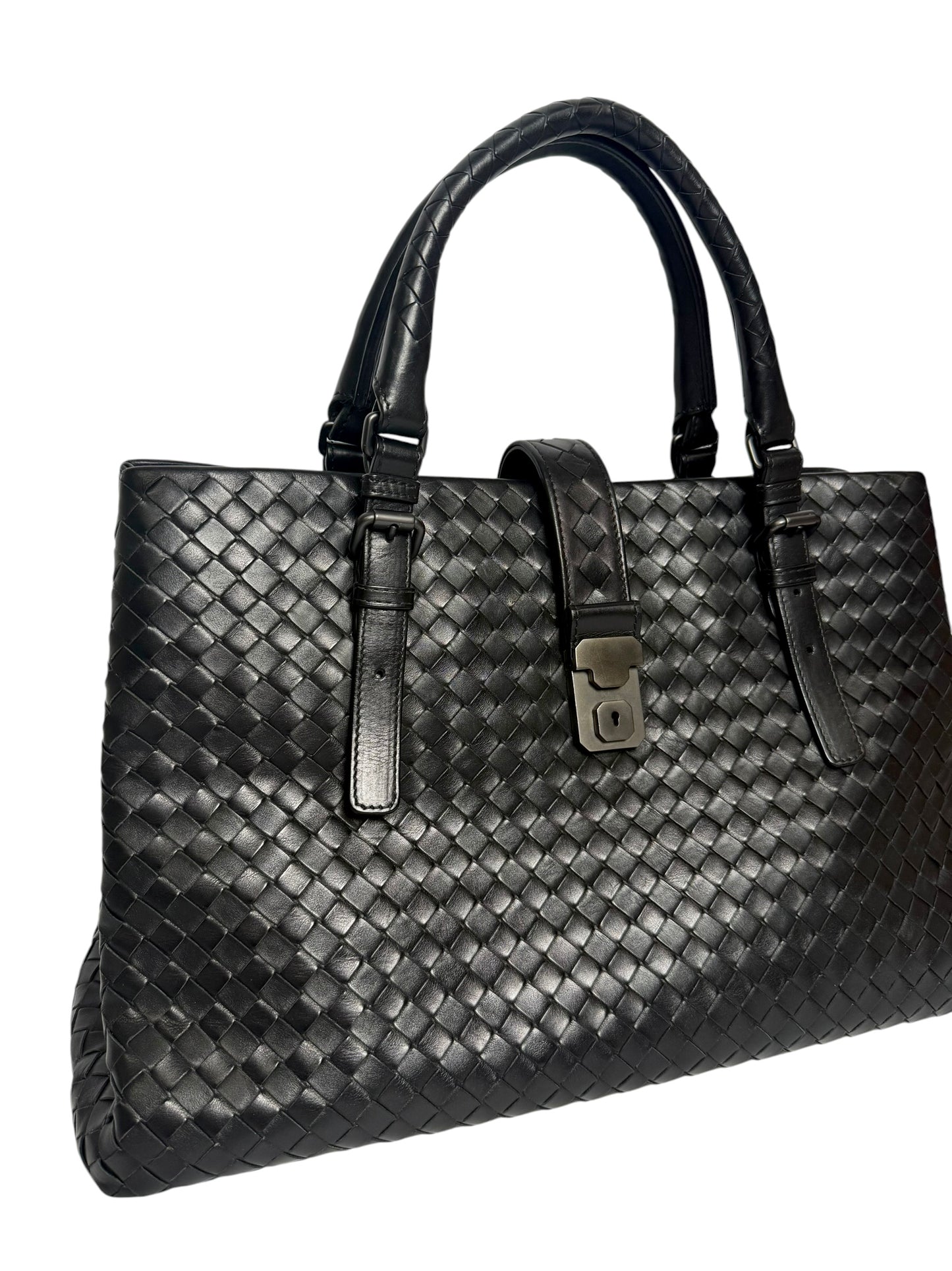 Bottega Veneta Black Woven Roma Intrecciato Nappa Medium Tote