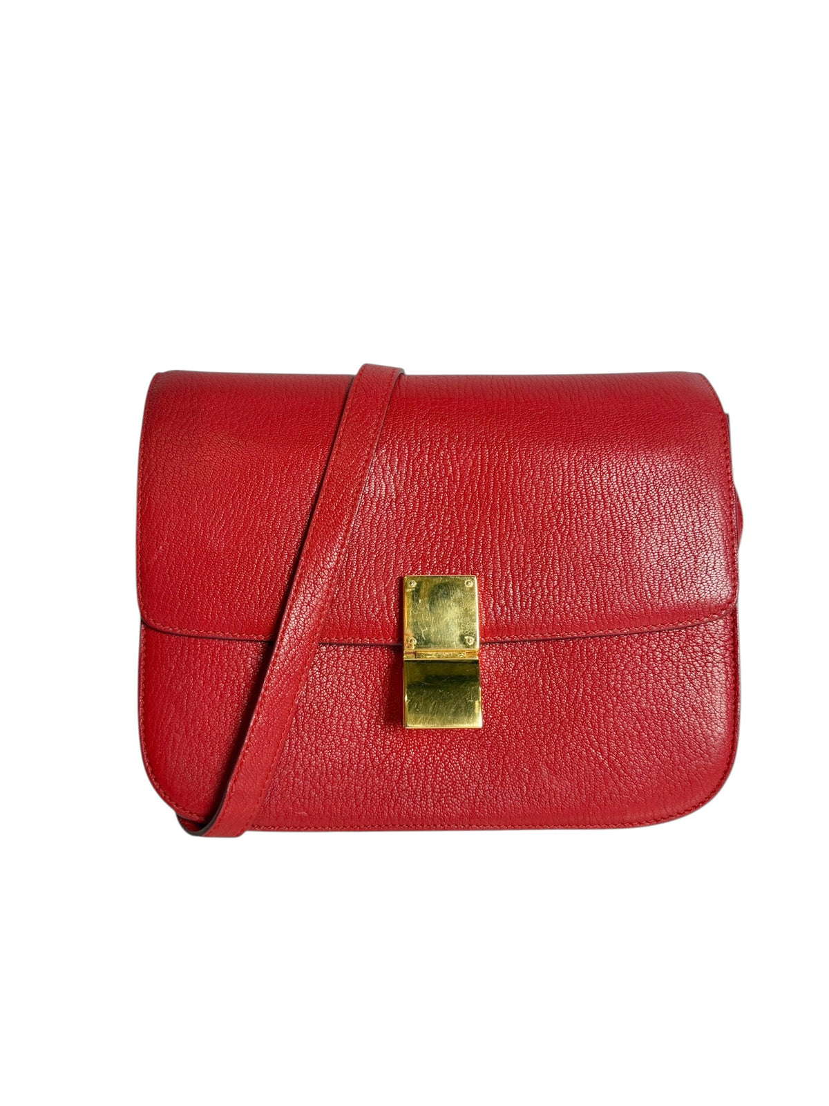 Celine Medium Classic Box Bag Red Pebbled Calfskin T7828