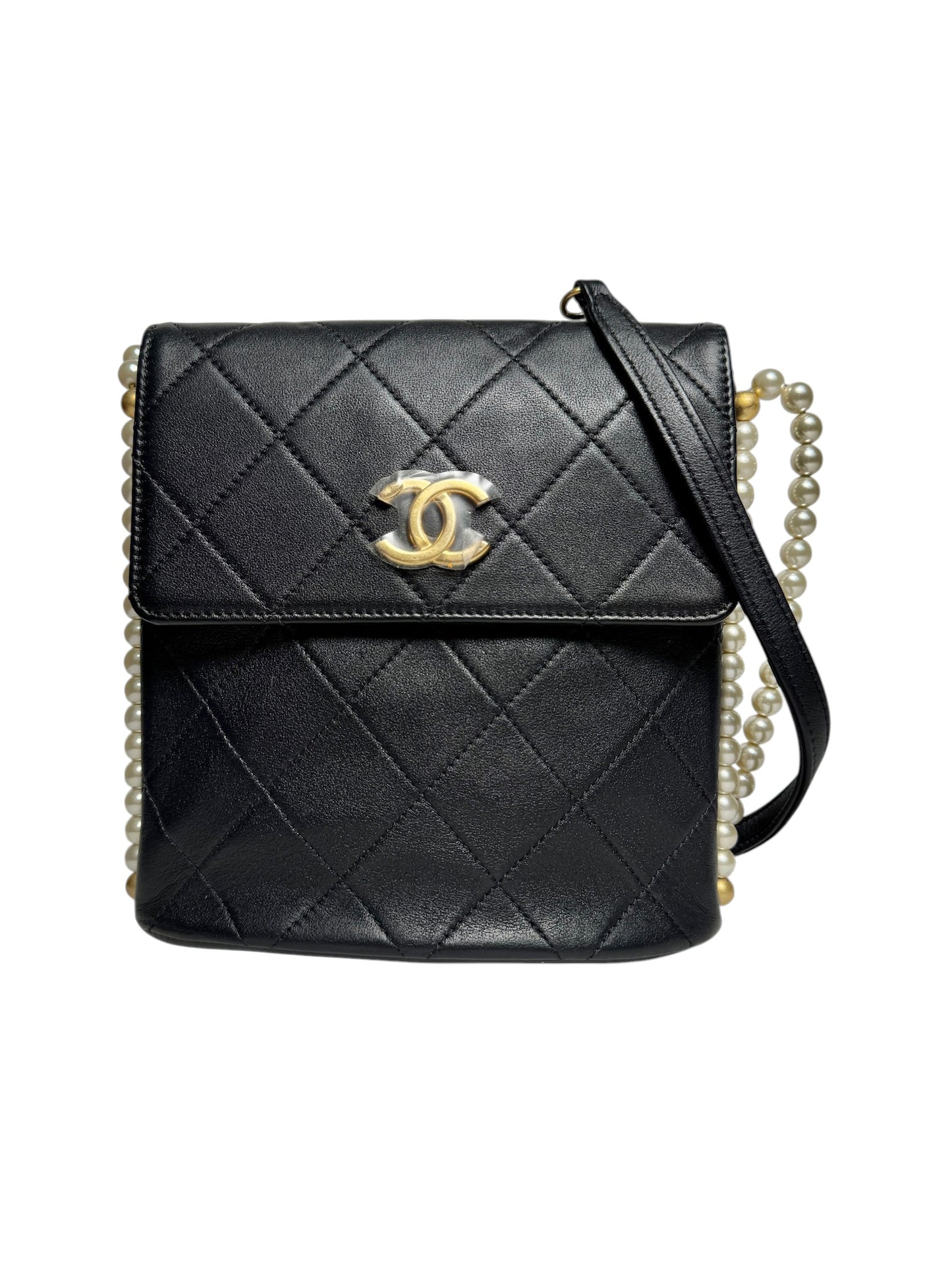 Chanel Black Quilted Vertical Pearl Flap Crossbody