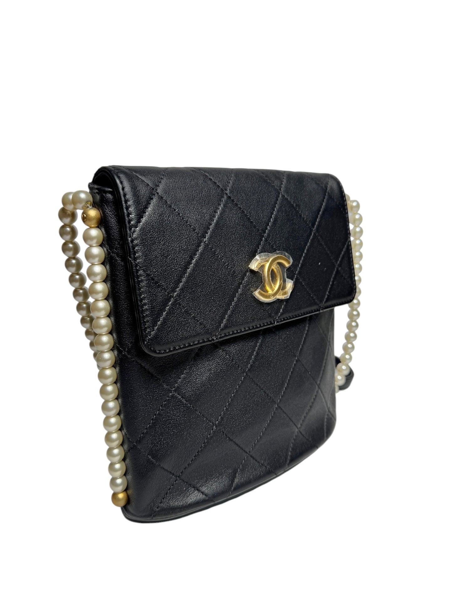 Chanel Black Quilted Vertical Pearl Flap Crossbody