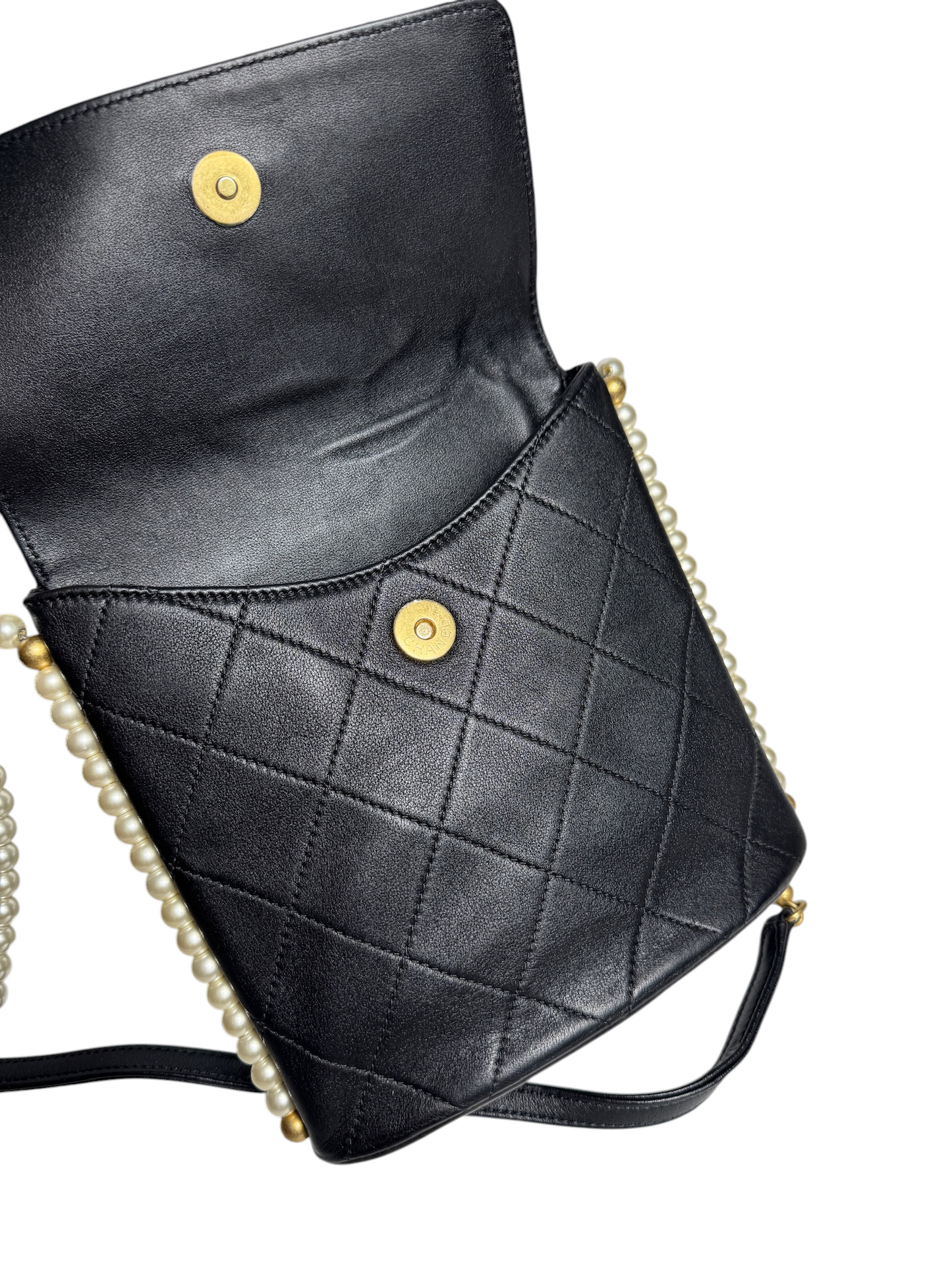 Chanel Black Quilted Vertical Pearl Flap Crossbody