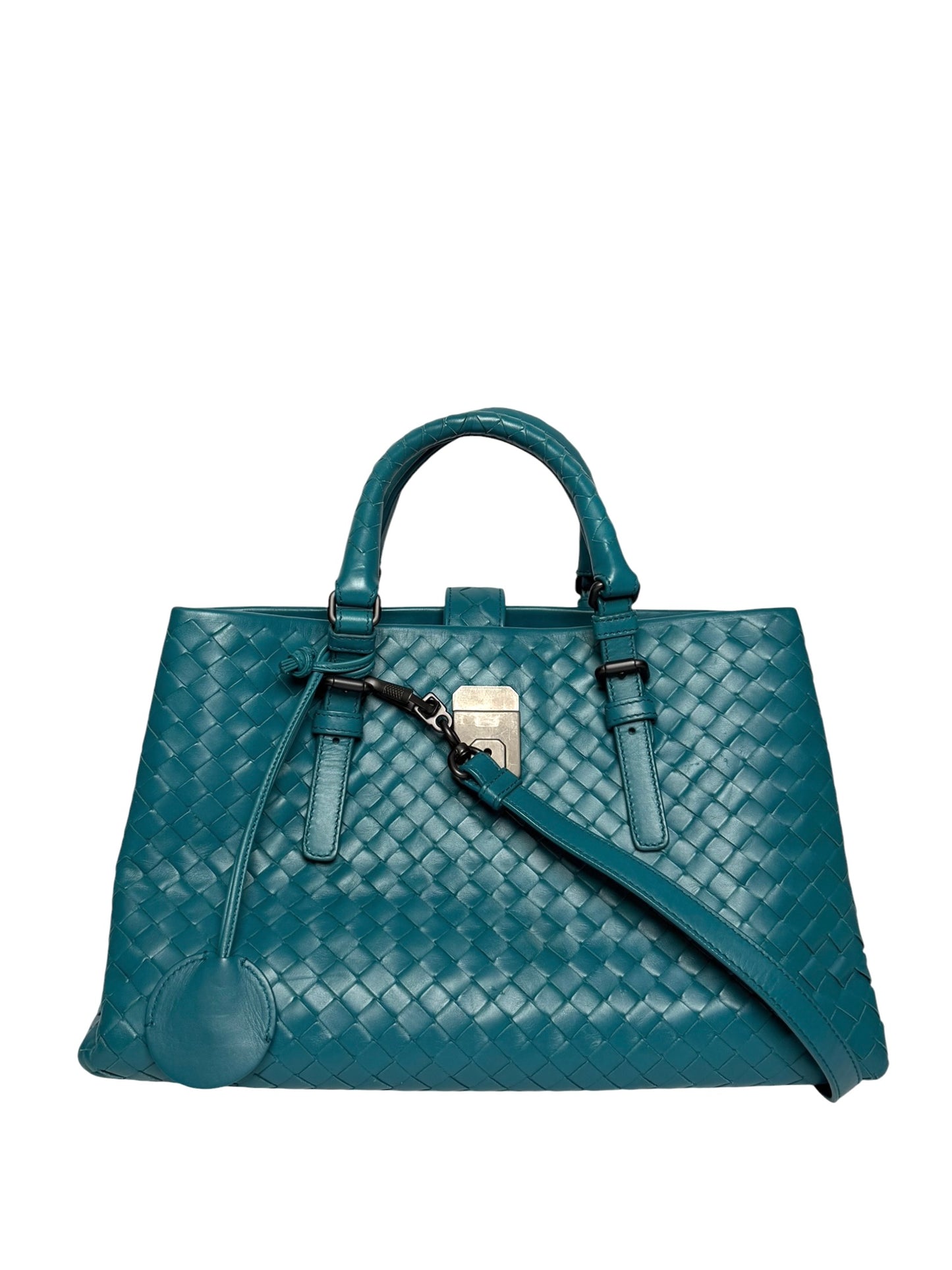 Bottega Veneta Blue Woven Intrecciato Roma Small Tote