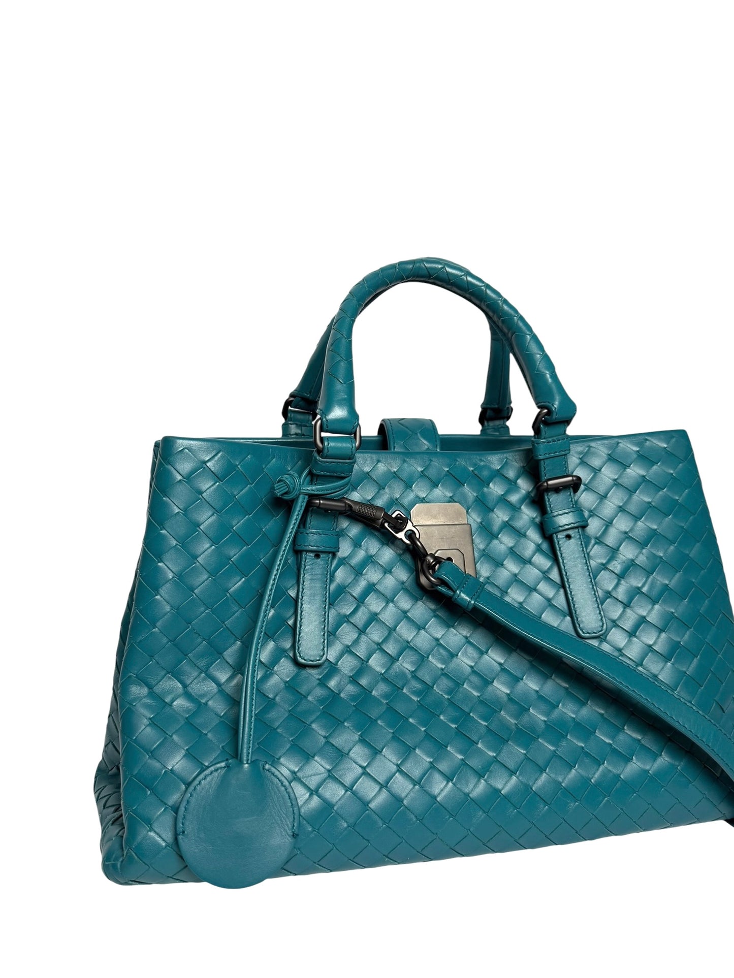 Bottega Veneta Blue Woven Intrecciato Roma Small Tote