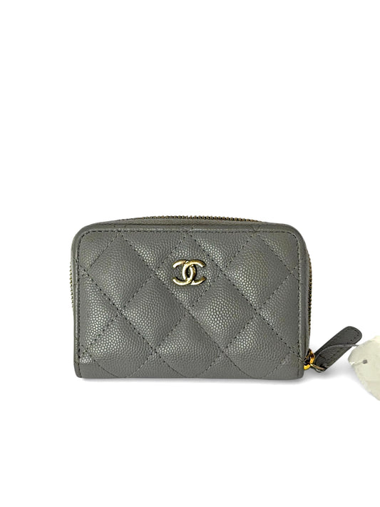 Chanel zip around gray caviar card case