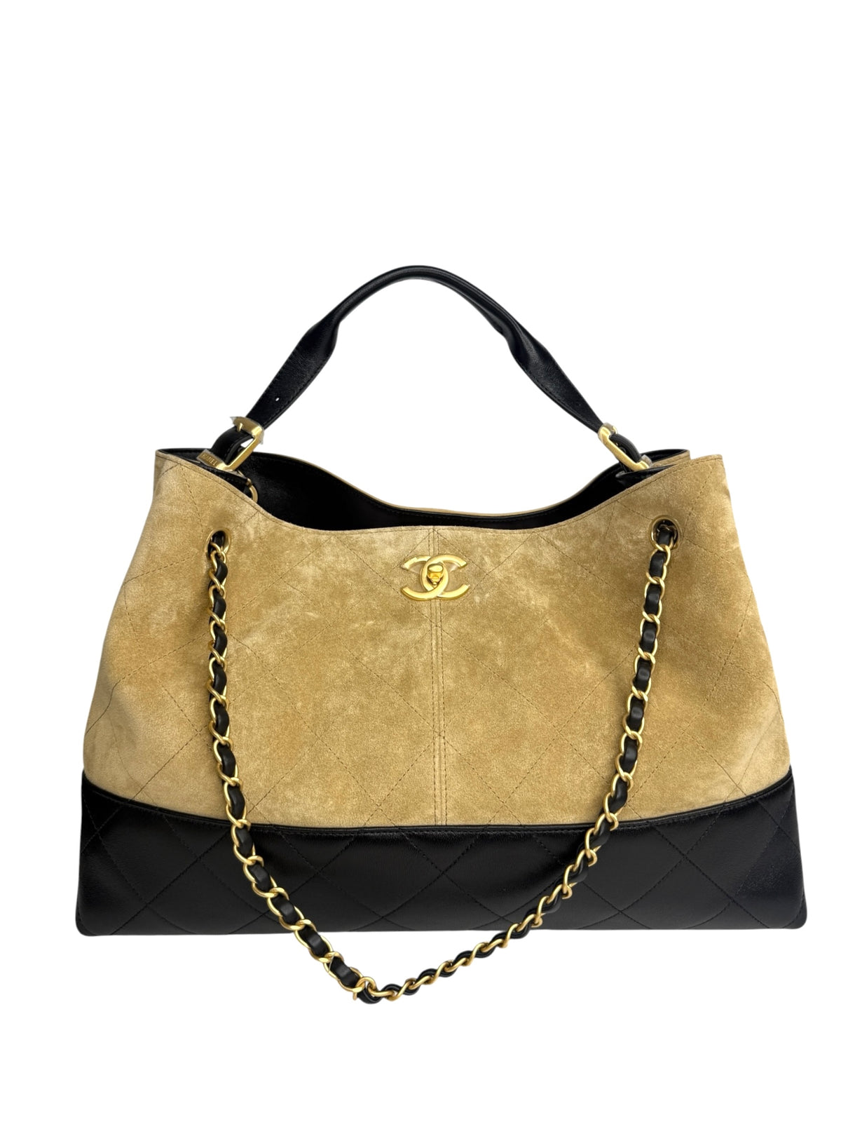 Chanel Brown Suede and Black Lambskin Coco Base Large Shopping Tote T9238