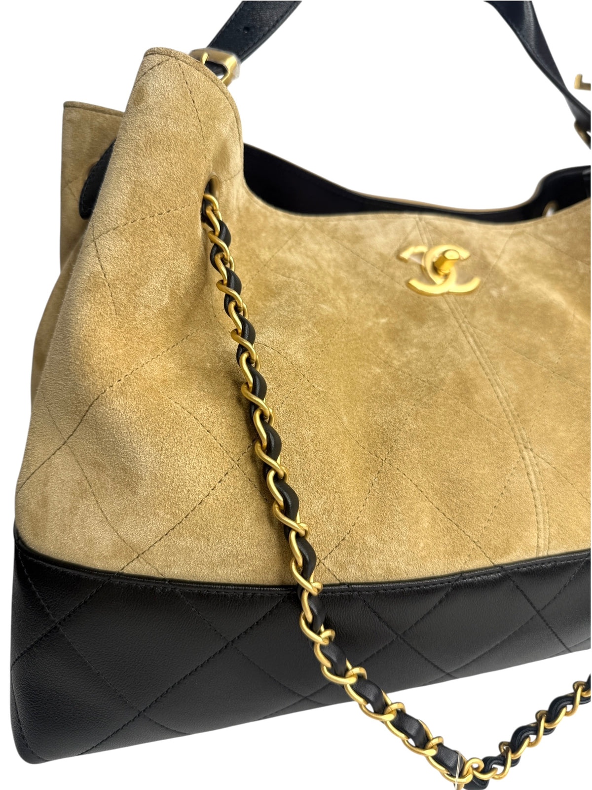 Chanel Brown Suede and Black Lambskin Coco Base Large Shopping Tote T9238