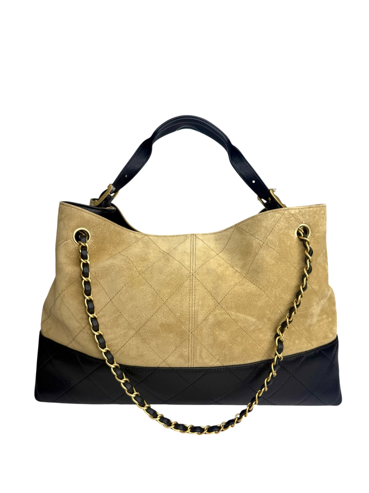Chanel Brown Suede and Black Lambskin Coco Base Large Shopping Tote T9238