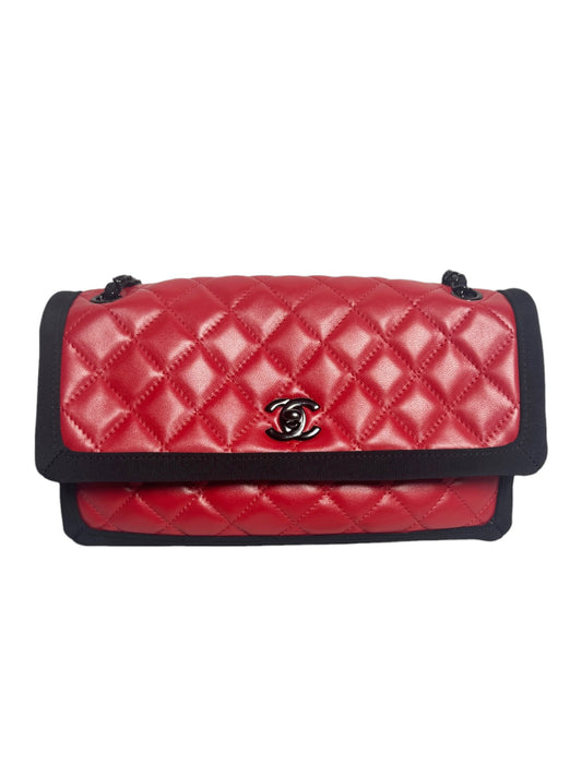 Chanel Red Quilted Leather Flap With Black Trim Black Hardware T8029