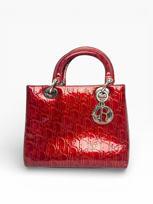 Dior patent Lady Dior red patent silver hardware Medium