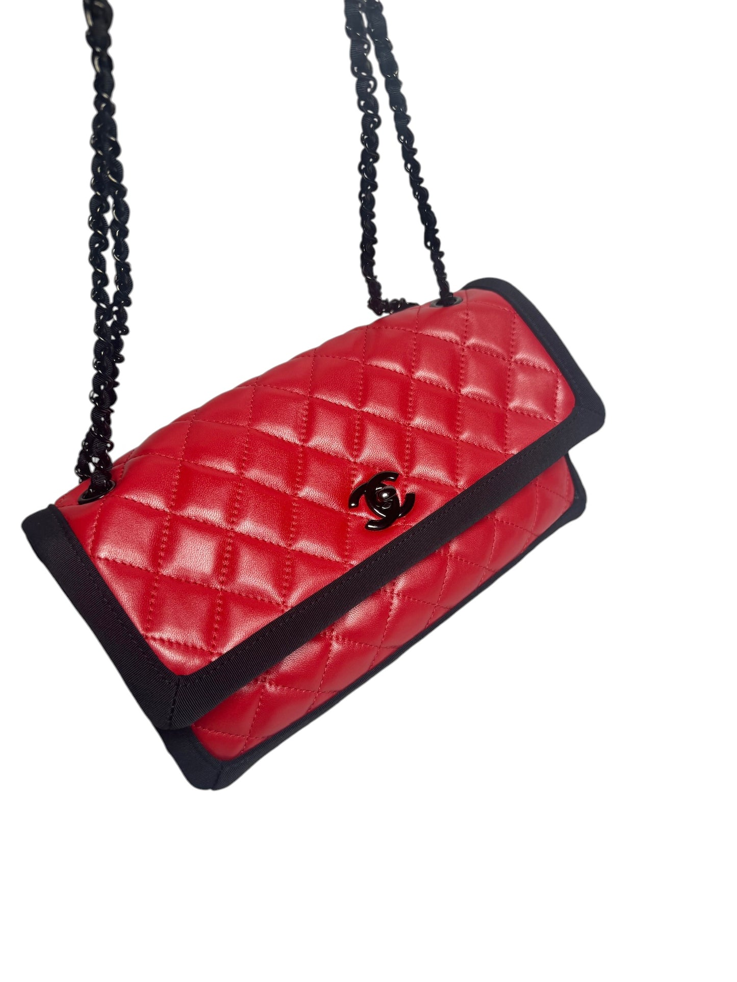 Chanel Red Quilted Leather Flap With Black Trim Black Hardware