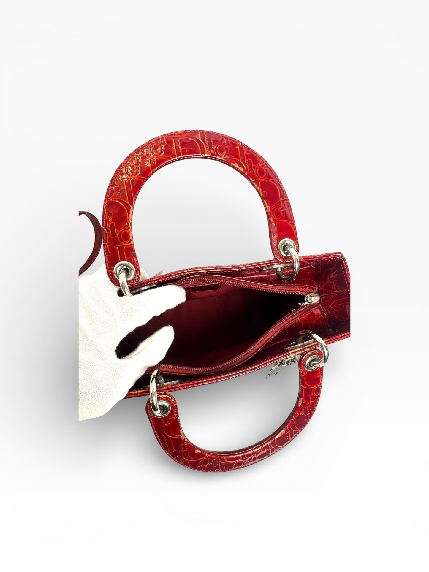 Dior patent Lady Dior red patent silver hardware Medium
