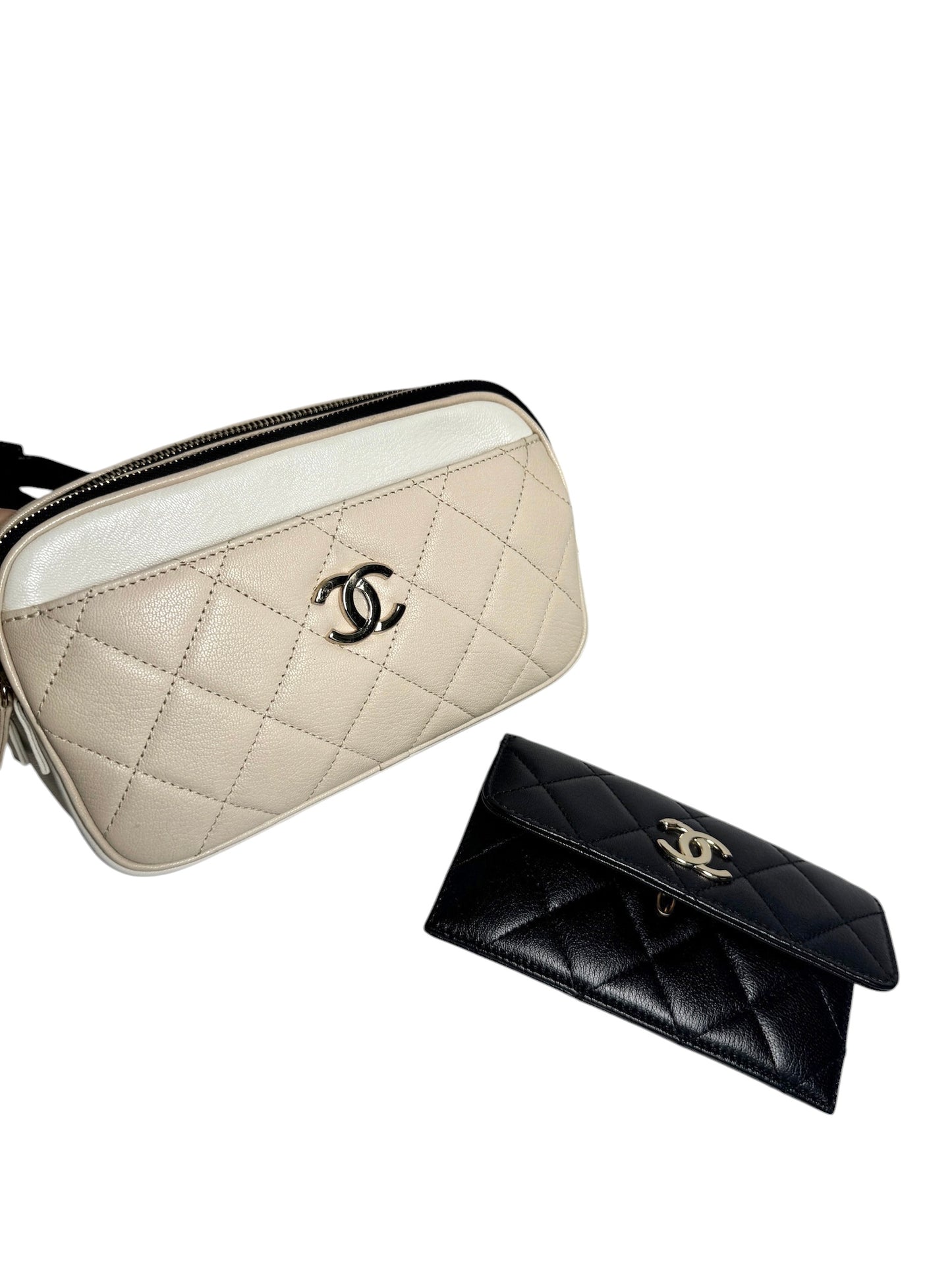 Chanel Goatskin Waist Bag Beige White Black