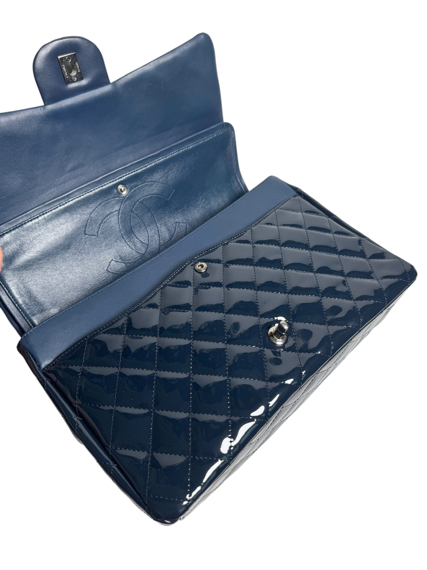 Chanel Navy Patent Leather Maxi SHW