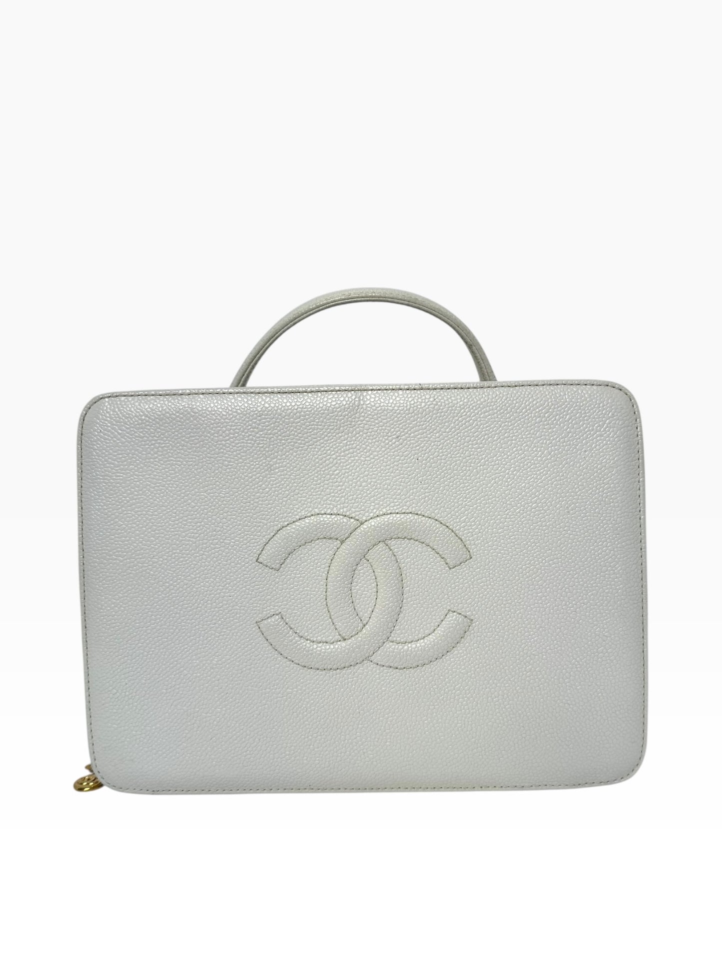 Chanel White Caviar Vanity Case Top Handle