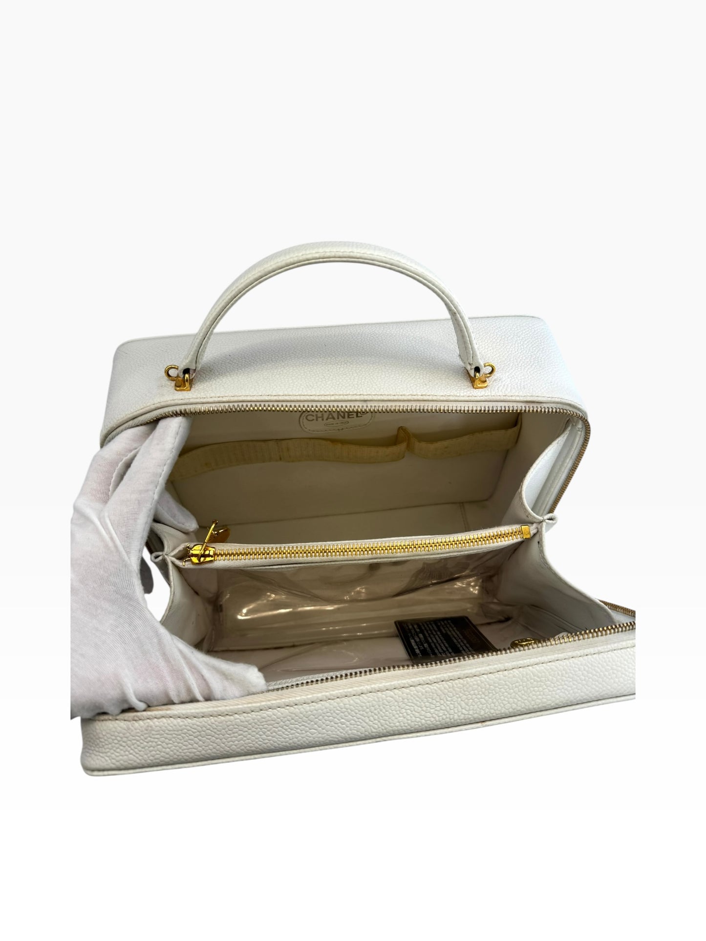 Chanel White Caviar Vanity Case Top Handle