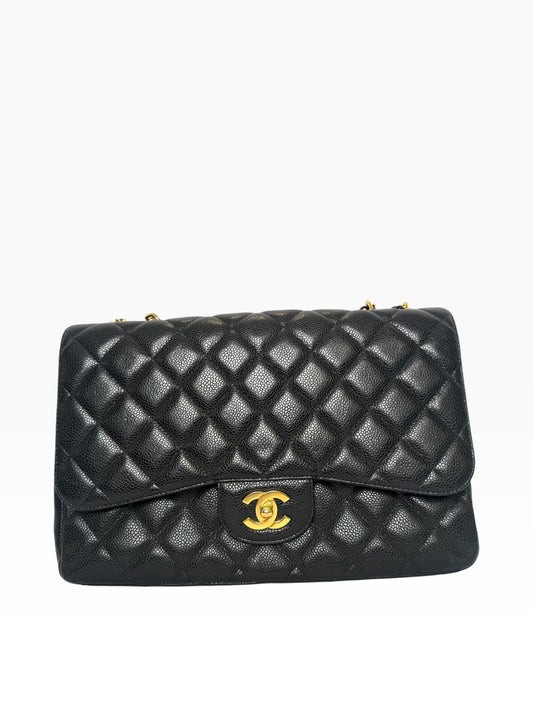 Chanel Caviar Black Gold Hardware Single Jumbo Classic Flap