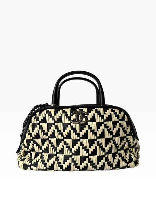 Chanel Bowler Woven Raffia Black/White