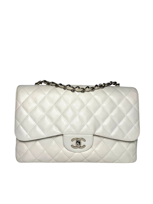 Chanel White Caviar Jumbo Single Flap SHW T8129