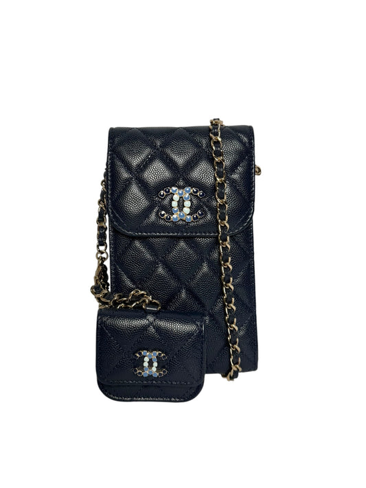 Chanel Navy Caviar Phone Holder Crossbody With Airpod Case T8215